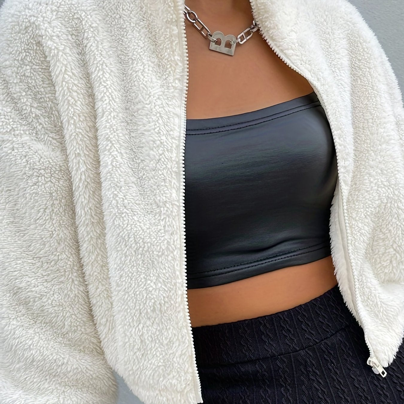 vlovelaw  Zip Up Teddy Jacket, Casual High Neck Long Sleeve Outerwear, Women's Clothing