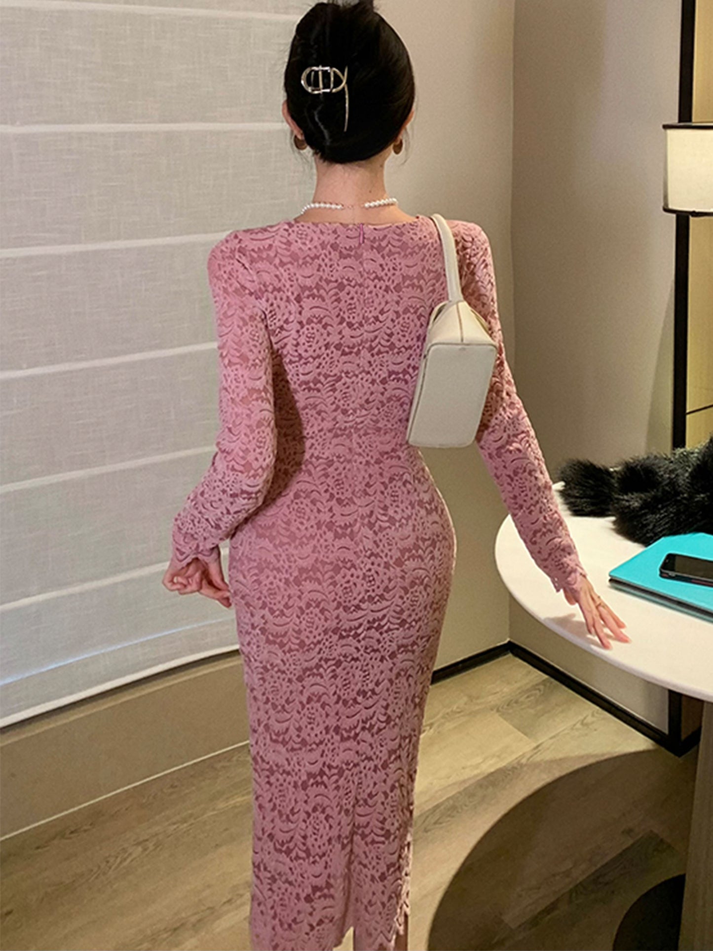 vlovelaw Solid V-neck Slim Dress, Elegant Long Sleeve Bodycon Dress For Spring & Fall, Women's Clothing