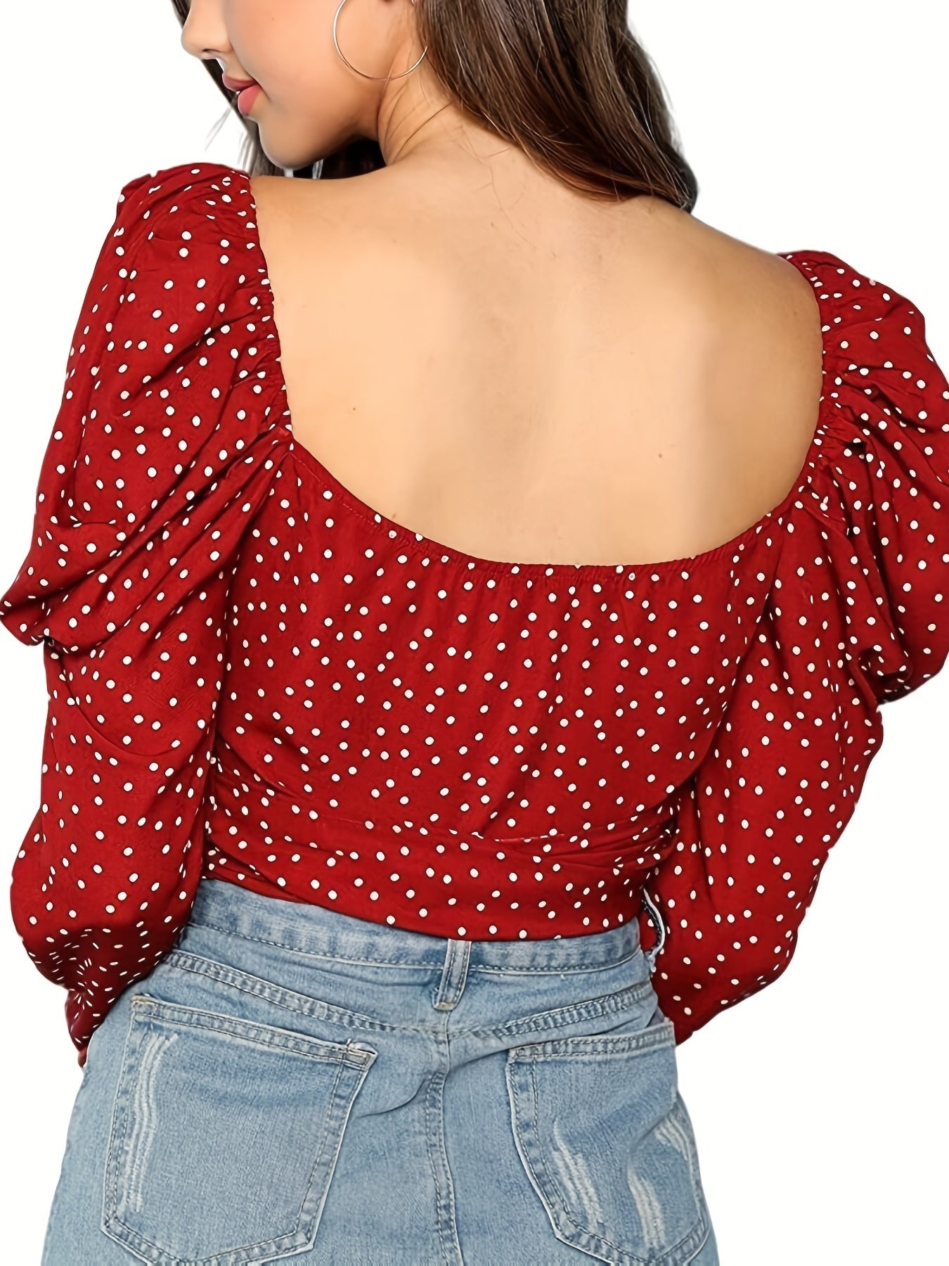 vlovelaw Polka Dot Print Cross V Neck Crop T-Shirt, Sexy Tie Front Long Puff Sleeve T-Shirt For Spring & Fall, Women's Clothing