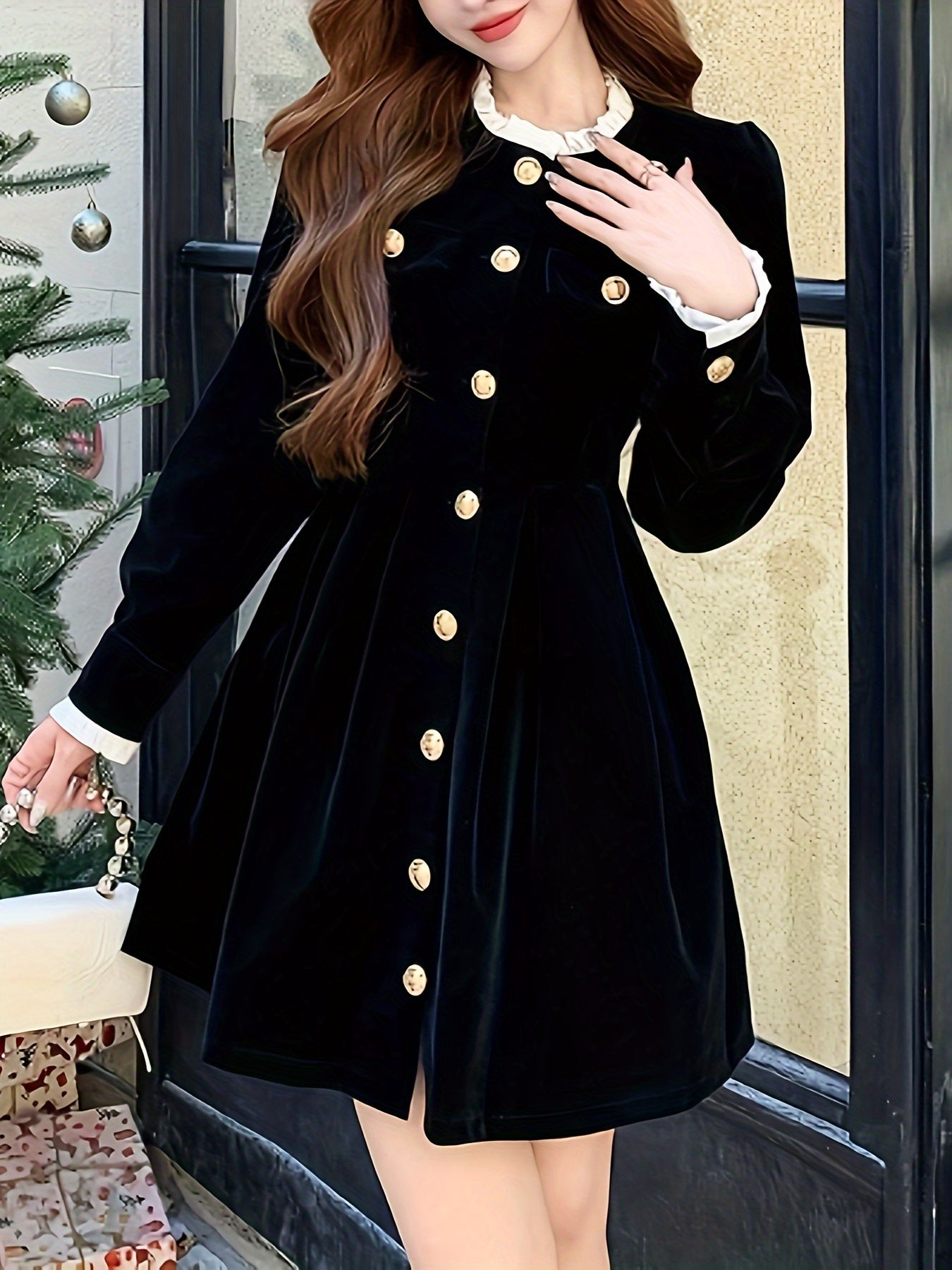 vlovelaw Solid Button Front Waist Velvet Dress, Elegant Long Sleeve Frill Trim Dress, Women's Clothing