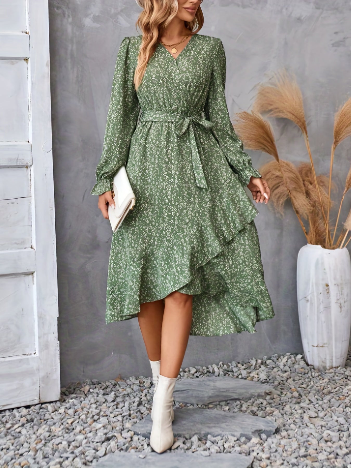 vlovelaw Floral Print Tie Waist V-neck Dress, Elegant Long Sleeve Asymmetrical Hem Dress, Women's Clothing