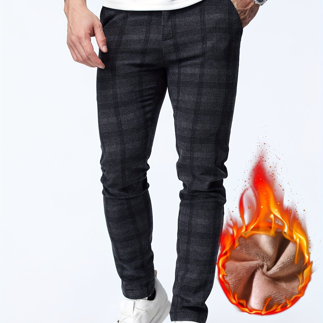 vlovelaw Men's Casual Warm Thick Slim Fit Pants, Chic Fleece Lined Retro Plaid Pants For Fall Winter