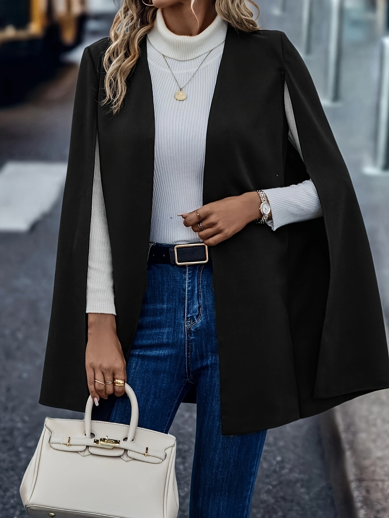 Open Front Cape Coat, Casual Solid Split Sleeve Outerwear, Women's Clothing