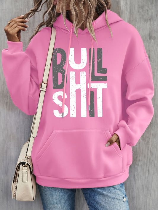 Letter Print Loose Fit Hooded Sweatshirt, Long Sleeves Slight Stretch With Pocket Sports Hoodie, Women's Activewear