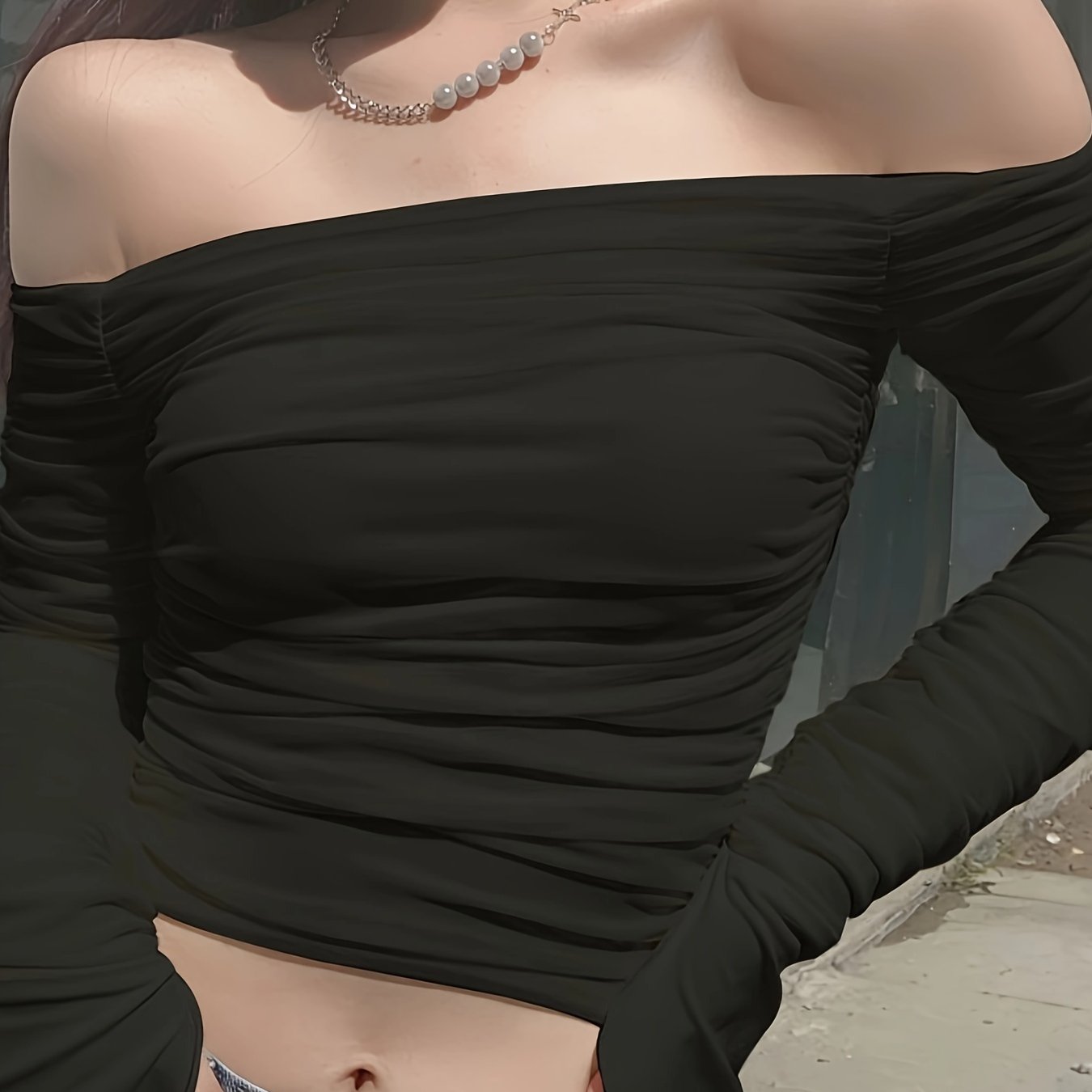 vlovelaw Solid Color Off-shoulder Ruched Top, Elegant Extra-long Sleeve Top For Spring & Fall, Women's Clothing