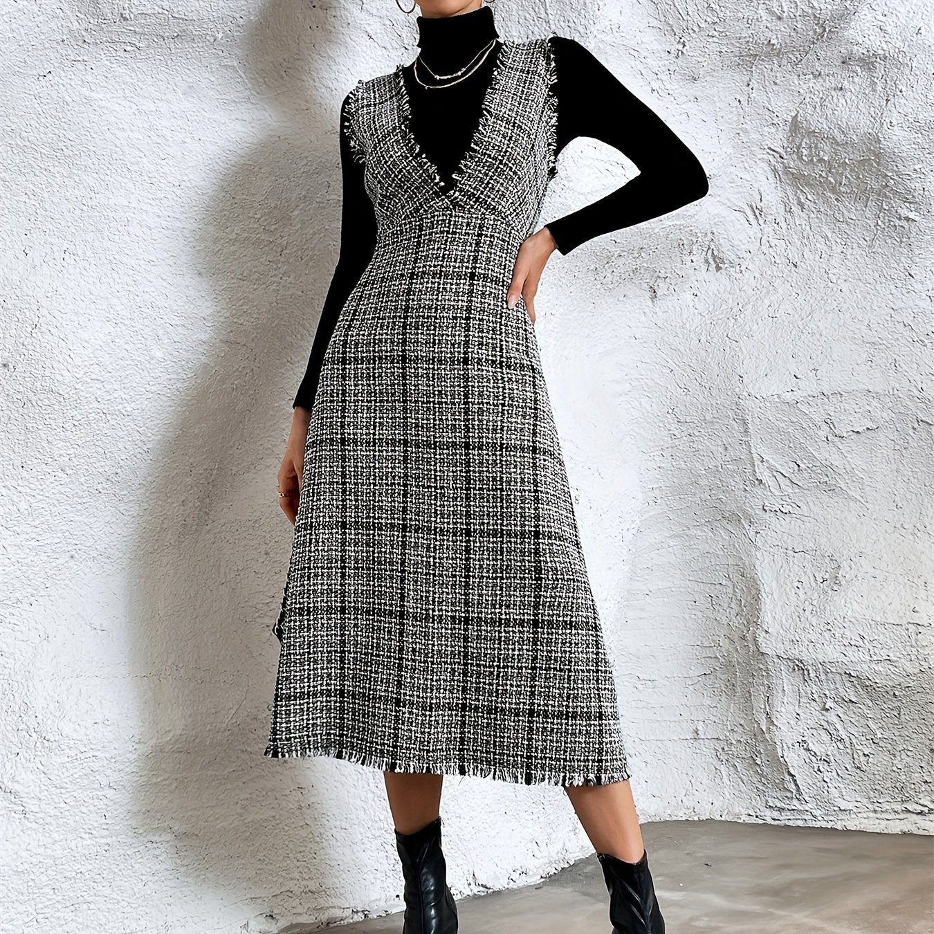 vlovelaw Plaid Print Raw Trim Overall Dress, Sleeveless V-neck Elegant Dress, Women's Clothing