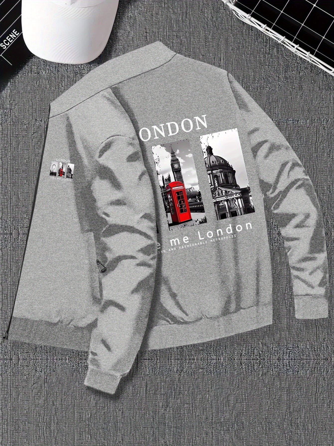 Plus Size Men'S Varsity Jacket with Stand Collar, Casual Polyester Blend, Zipper Closure, Regular Fit, No Lining, Stretch Fabric, Pockets, London Print Design