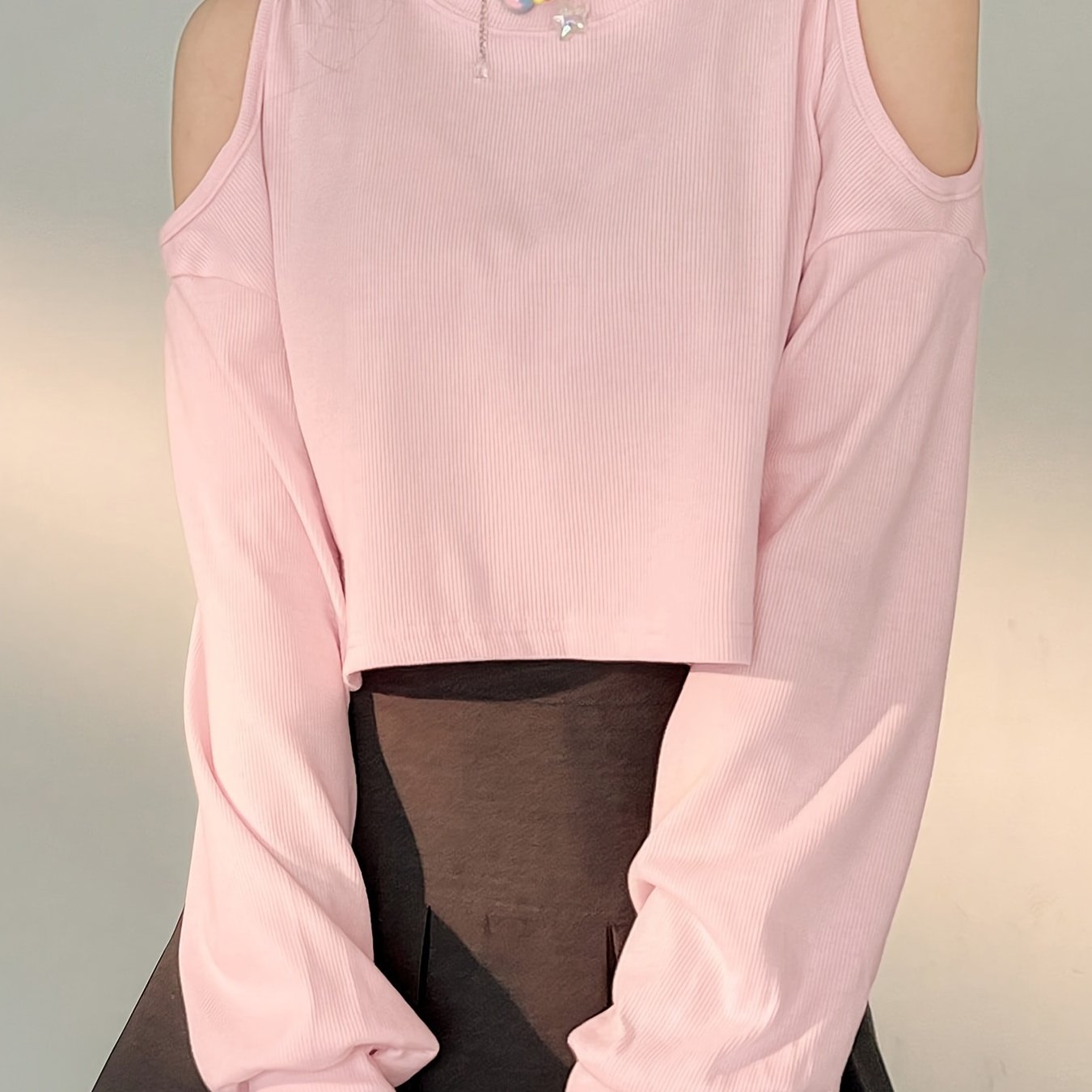 Cold Shoulder Crop T-Shirt, Casual Long Sleeve Crew Neck Top, Women's Clothing