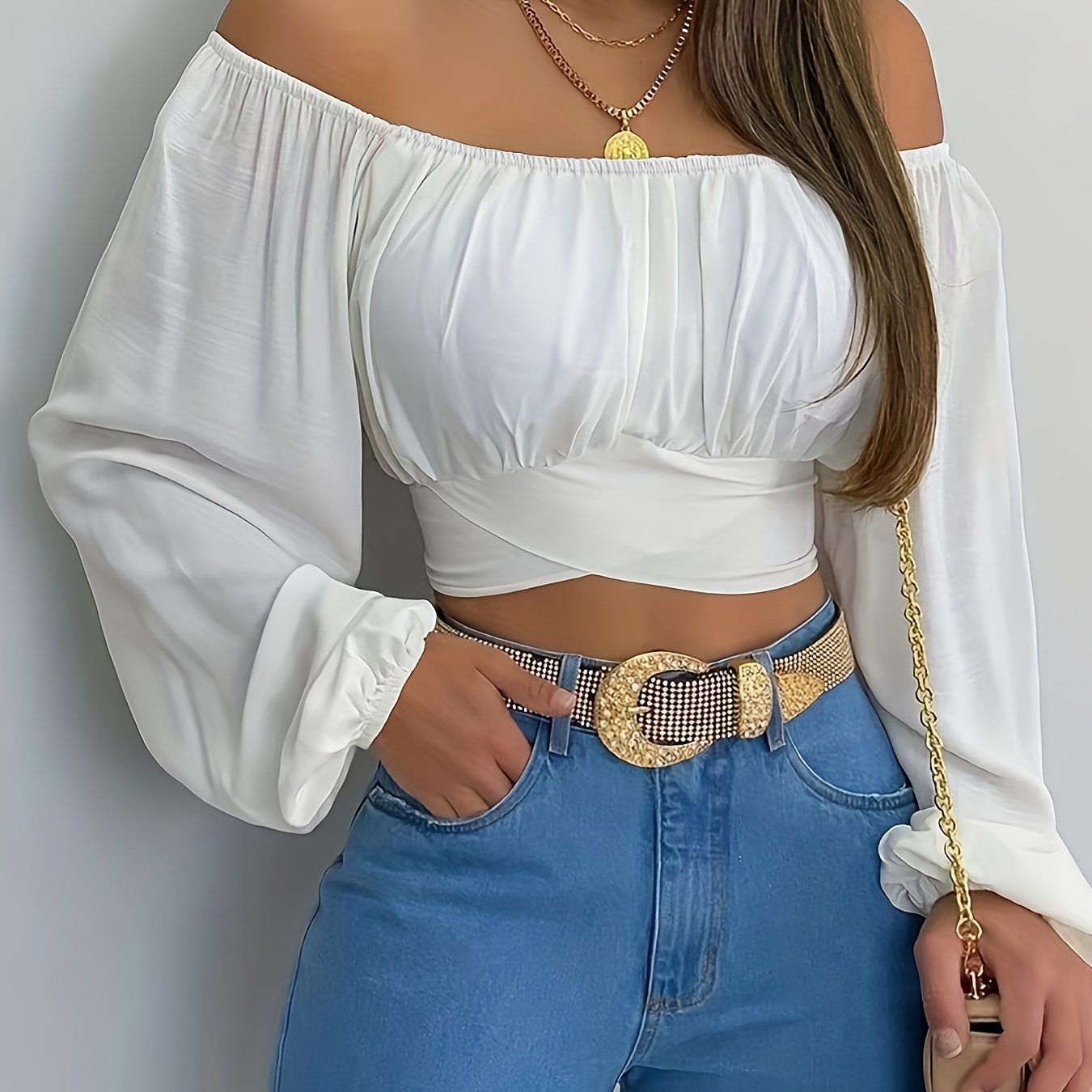 vlovelaw Solid Cross Tie Back Crop Blouse, Casual Off Shoulder Long Sleeve Top, Women's Clothing
