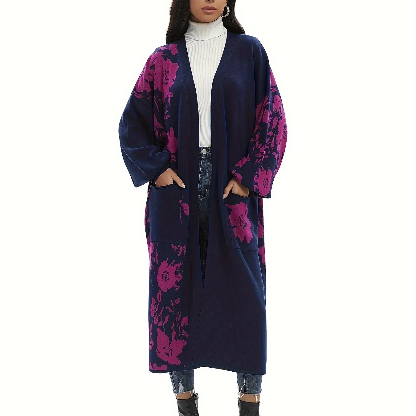 Floral Print Long Length Overcoat, Casual Open Front Long Sleeve Outerwear, Women's Clothing