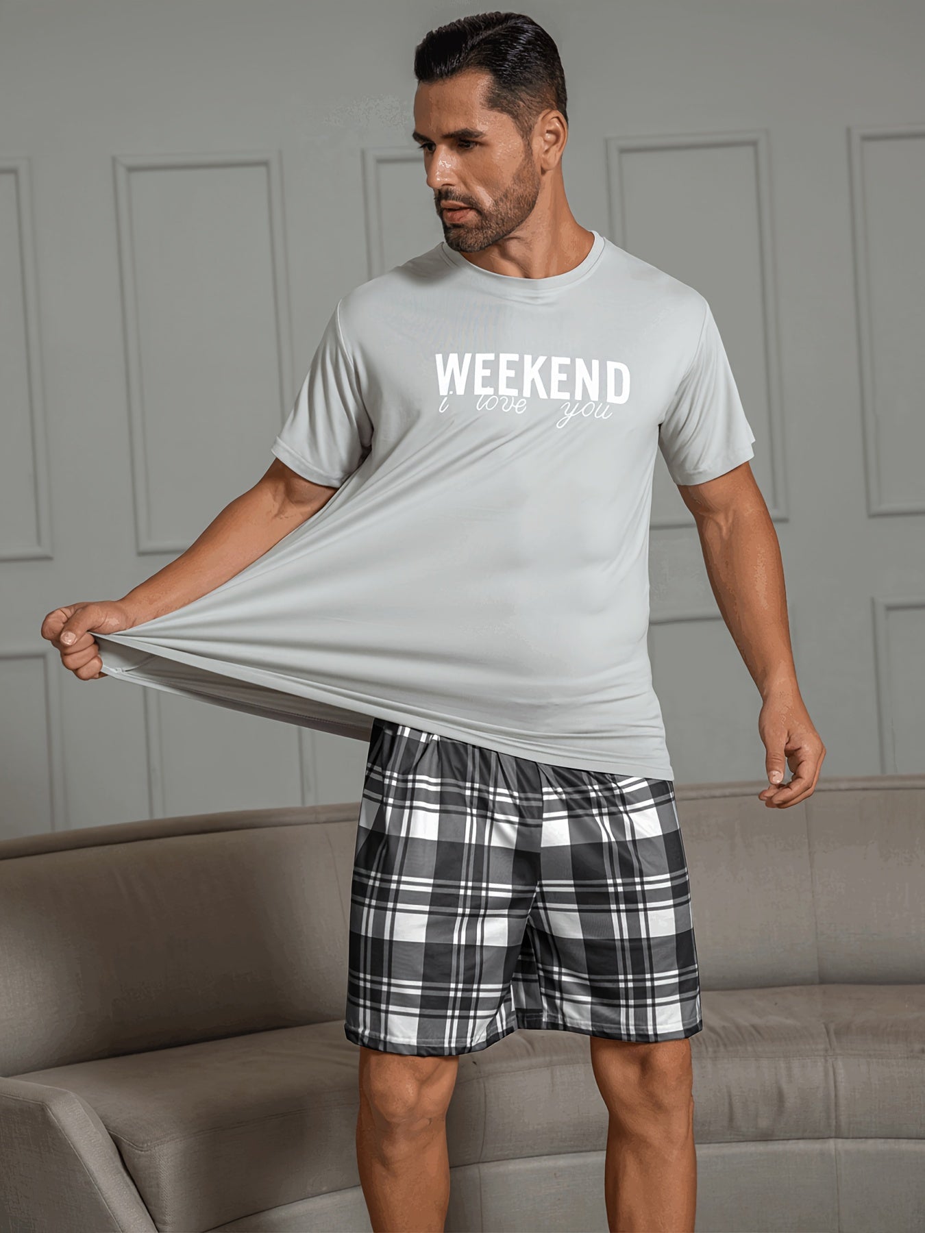 Mens Pajama Set - Relaxed Casual Style with Unique Grey Letter Print and Plaid Shorts, Ultra-Soft and Comfortable for Home and Outdoor Wearing, Perfect for Summer Season