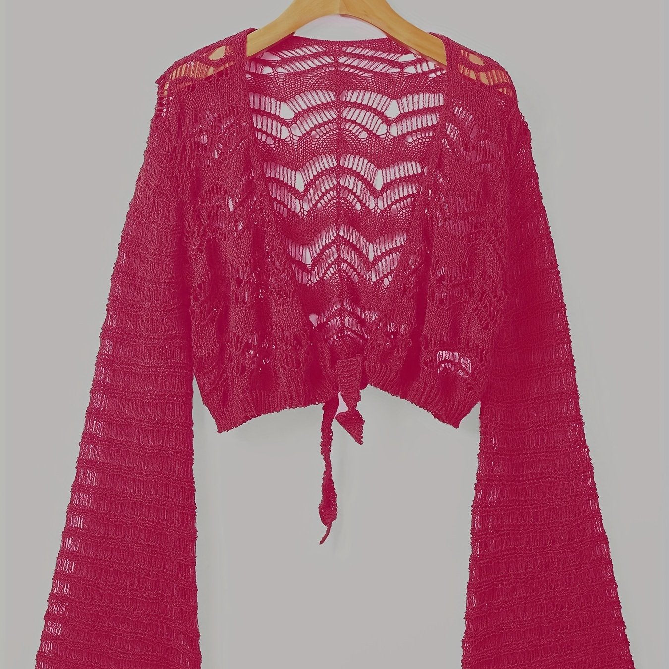 vlovelaw vlovelaw Crochet Cropped Knit Cardigan, Boho Flared Sleeve Solid Sweater, Women's Clothing