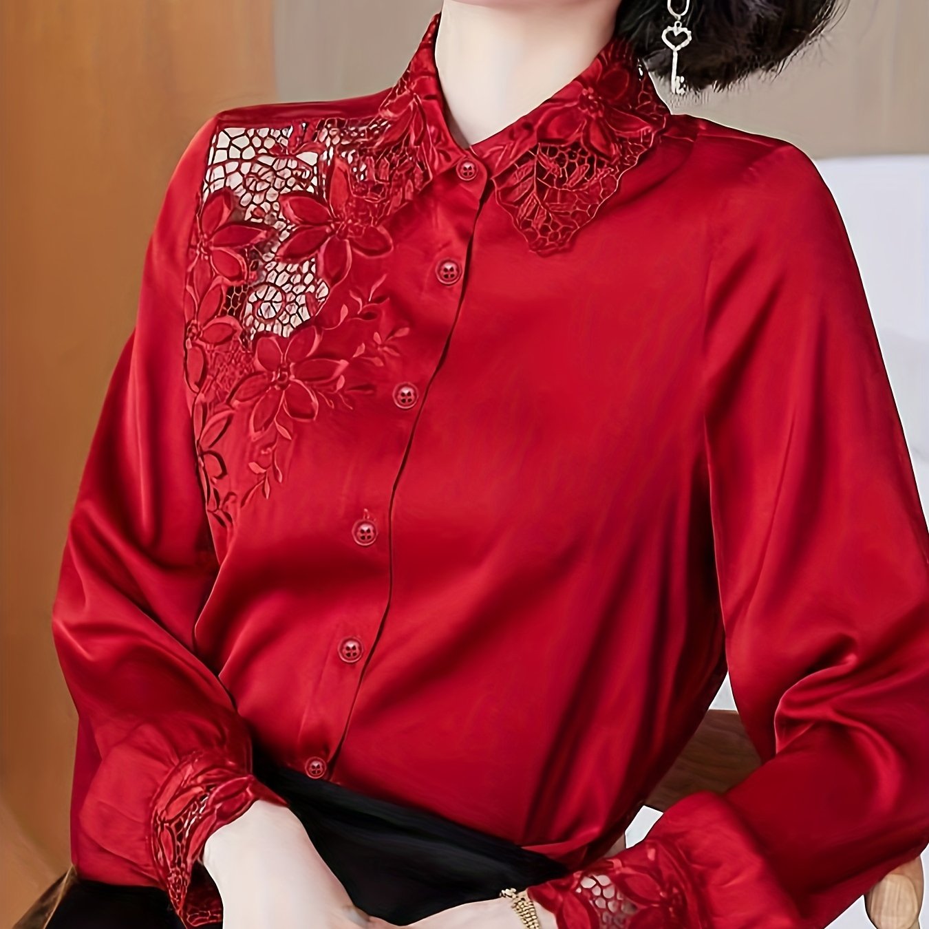 vlovelaw Hollow Out Button Up Shirt, Long Sleeve Casual Top For All Season, Women's Clothing