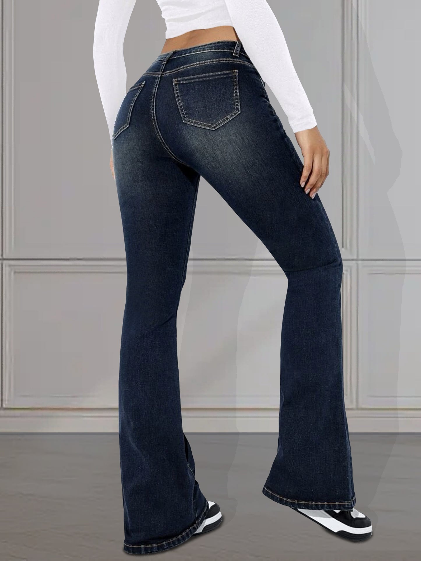 vlovelaw High Stretch Casual Flare Jeans, Slant Pockets Versatile Bell Bottom Jeans, Women's Denim Jeans & Clothing