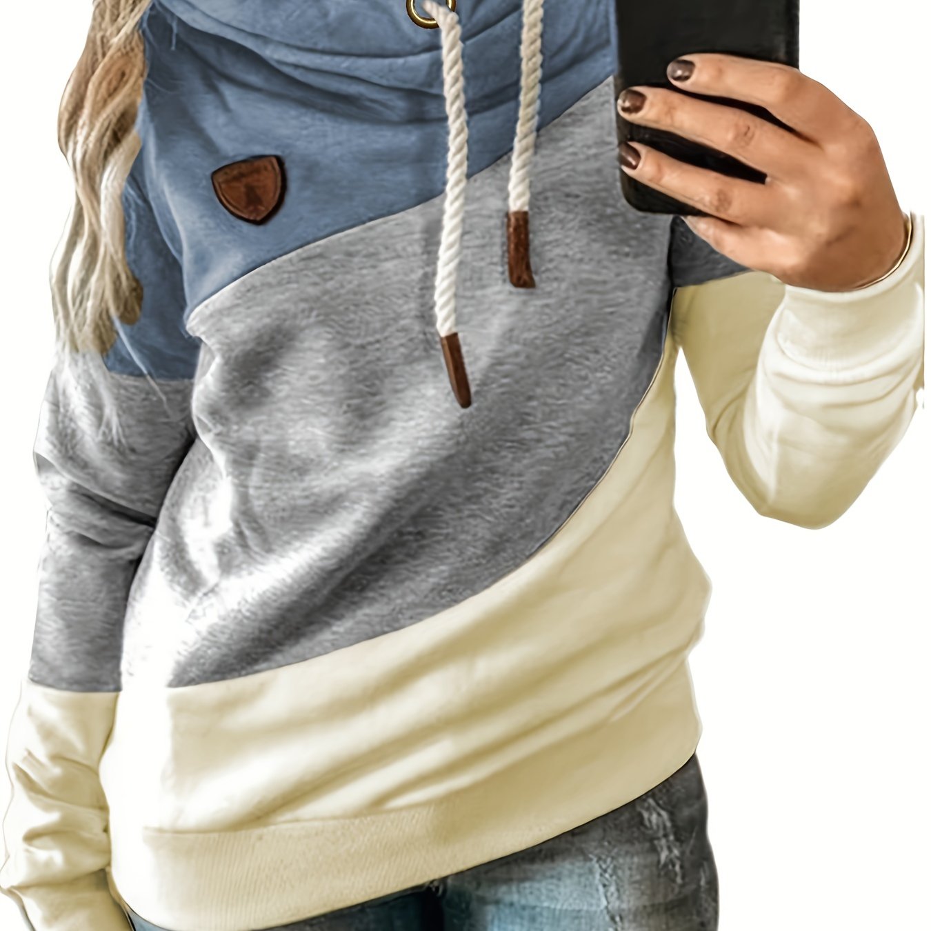 vlovelaw  Plus Size Casual Sweatshirt, Women's Plus Colorblock Long Sleeve Hooded Drawstring Slight Stretch Sweatshirt