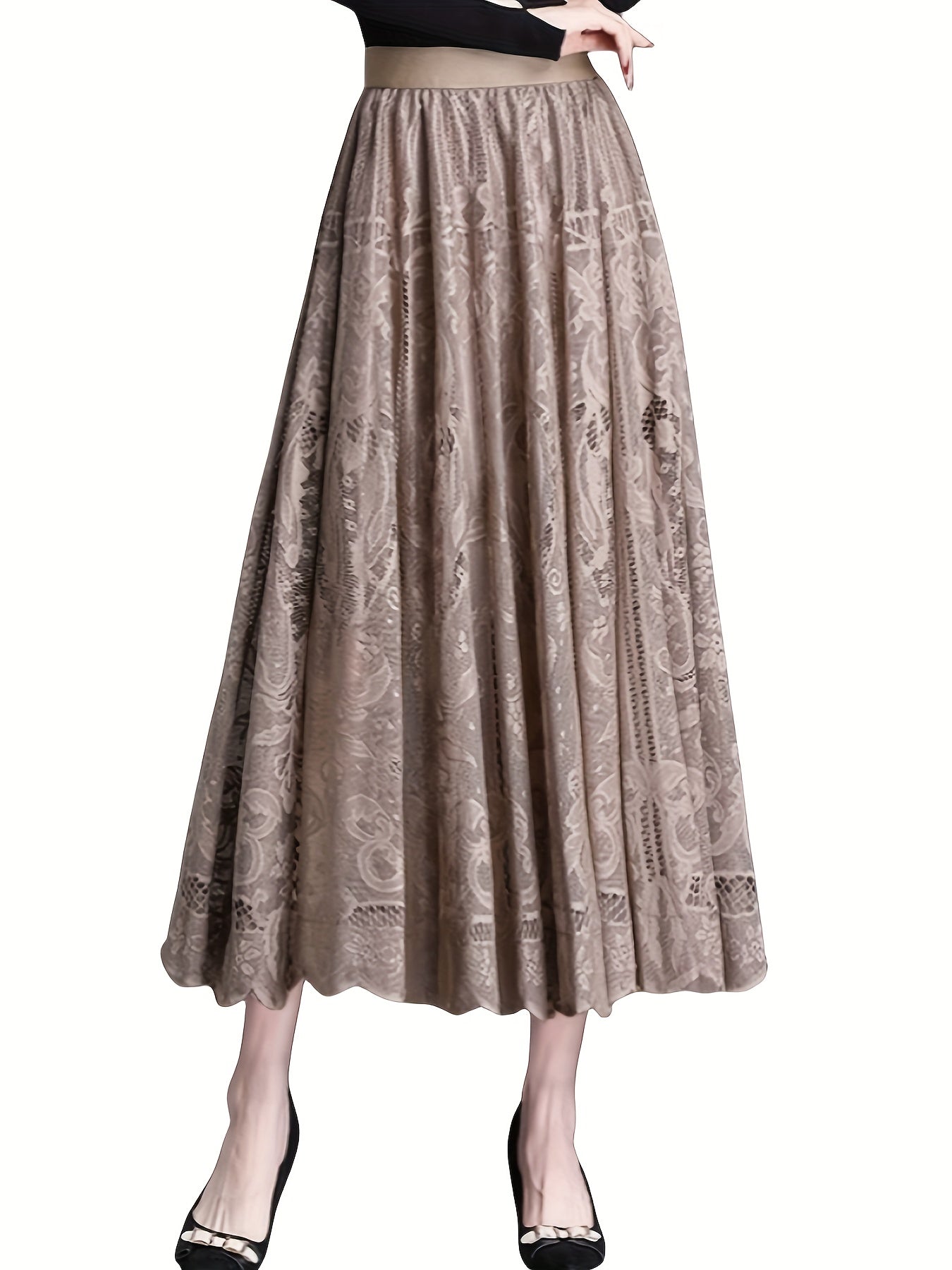 Hollow Out Scallop Hem Lace Skirt, Casual Elastic Waist A-line Skirt, Women's Clothing
