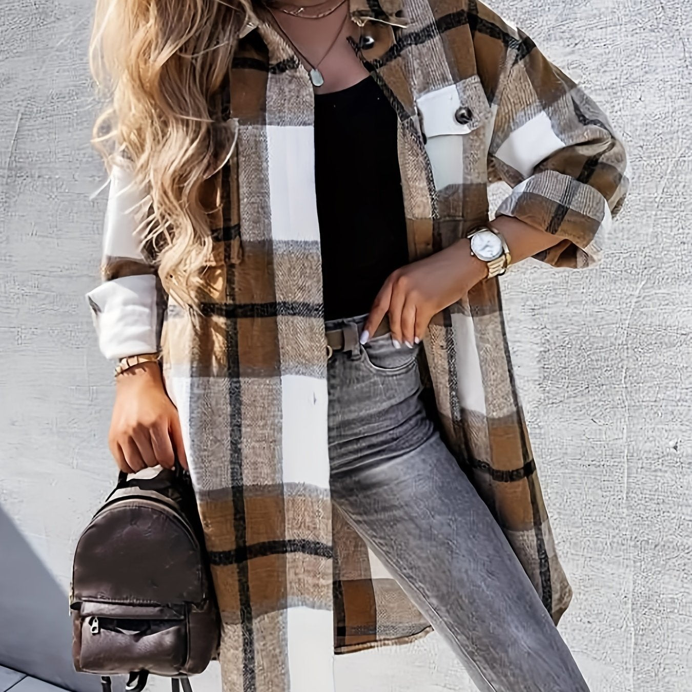 vlovelaw Plaid Print Long Length Jacket, Casual Button Front Flap Pockets Outwear, Women's Clothing