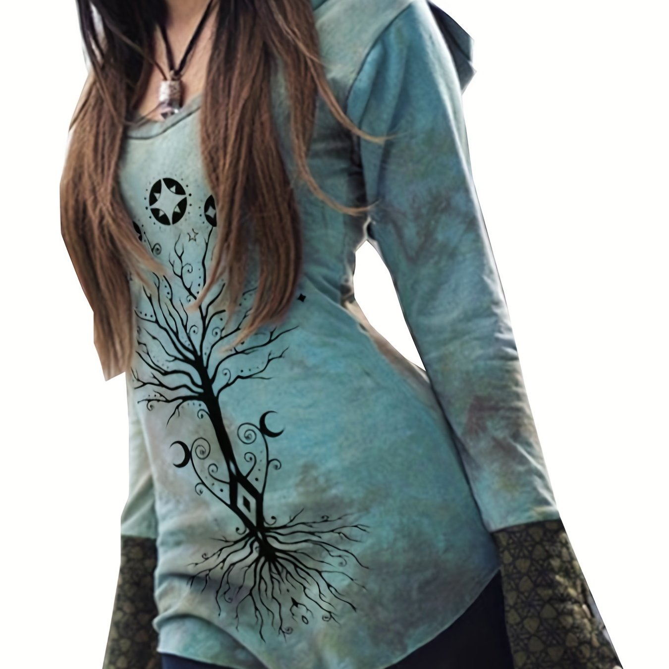 Tree Print Tie Dye Hooded Top, Casual Long Sleeve Top For Spring & Fall, Women's Clothing