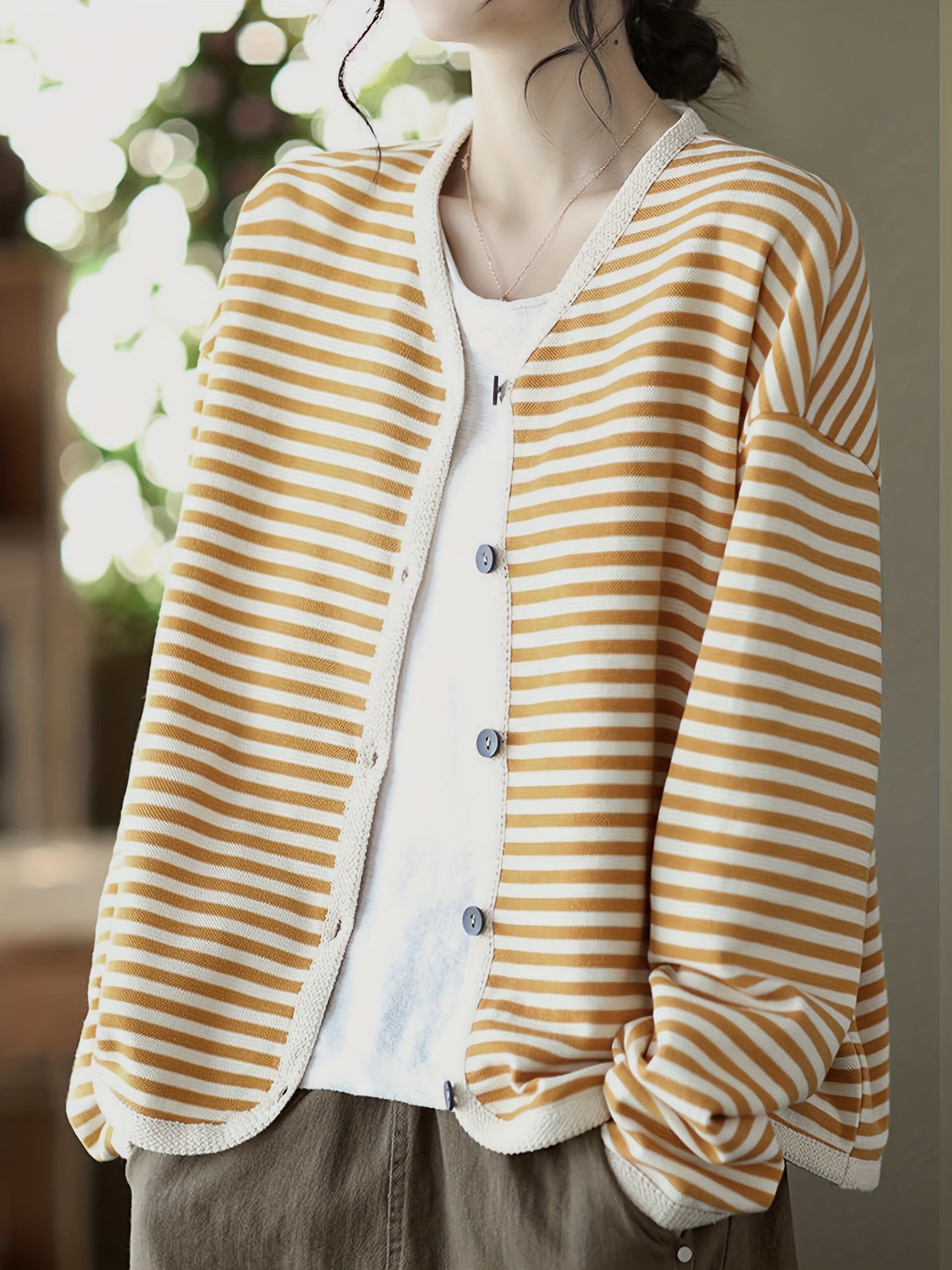 vlovelaw Striped Print Button Front Jacket, Casual V Neck Long Sleeve Outerwear For Spring & Summer, Women's Clothing