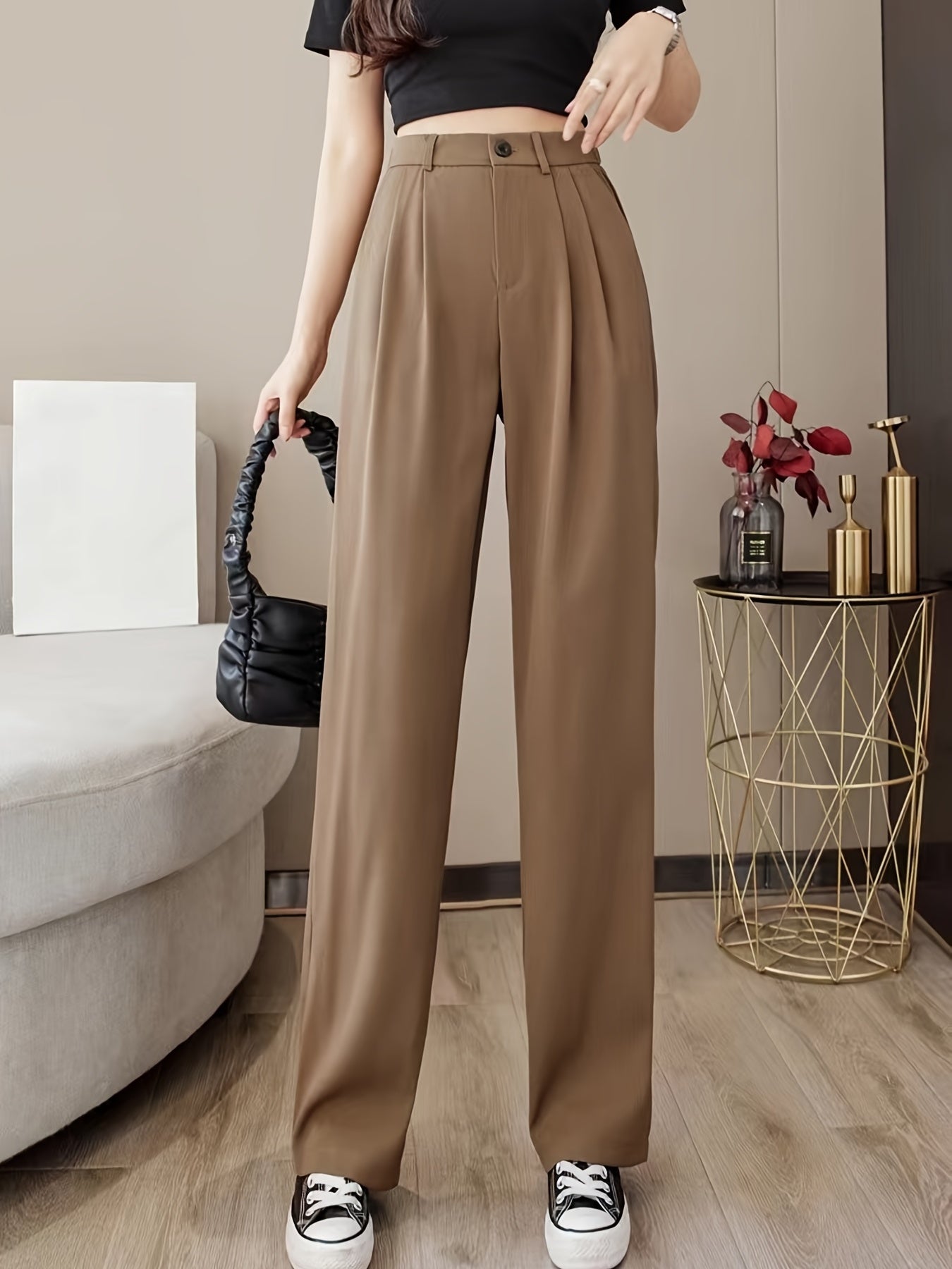 vlovelaw Solid High Waist Draped Long Length Pants, Casual Loose Spring & Autumn Pants, Women's Clothing