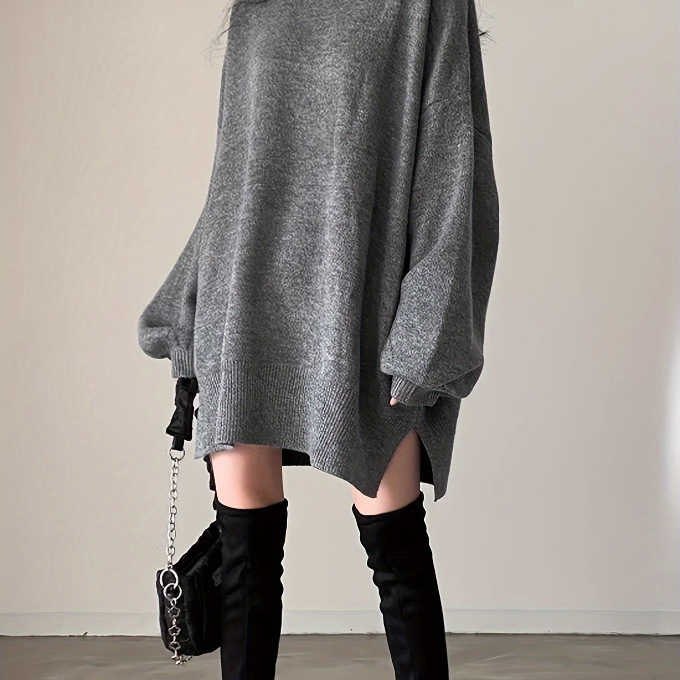 vlovelaw Solid Turtle Neck Oversized Sweater, Casual Long Sleeve Split Sweater, Women's Clothing