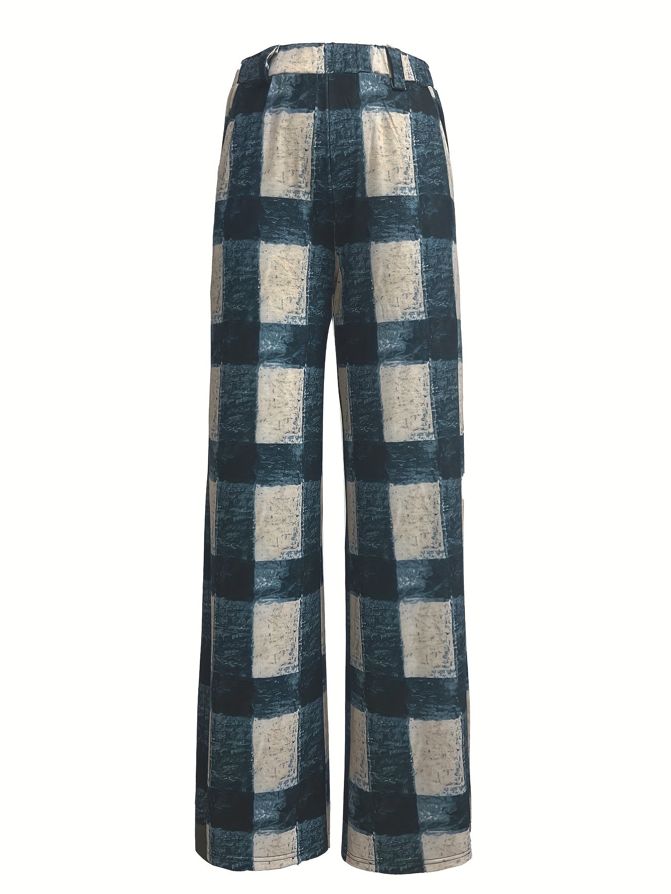 Plaid High Waist Wide Leg Pants, Casual Pants For Spring & Fall, Women's Clothing