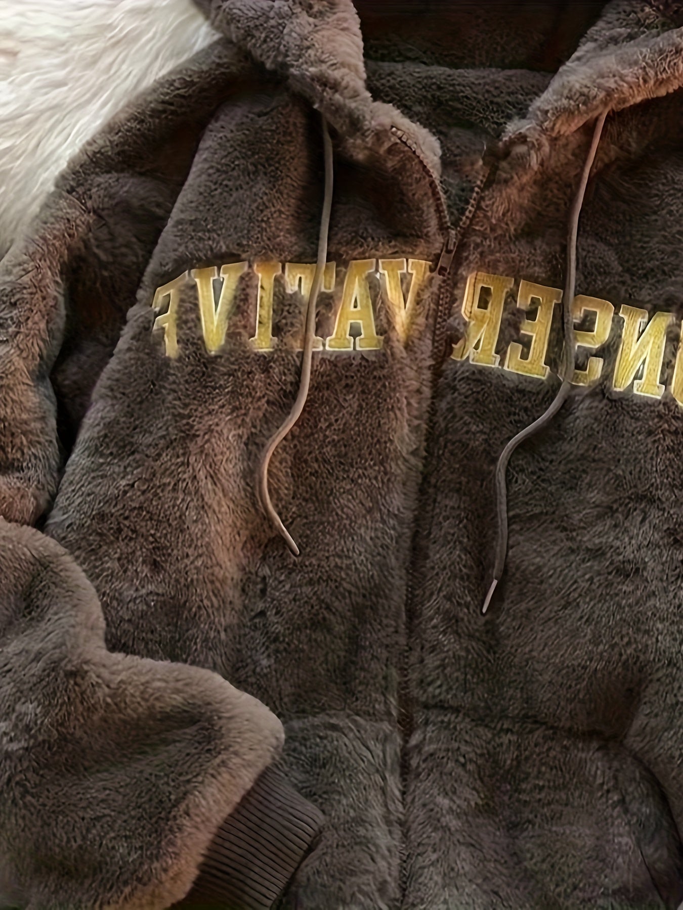 Embroidered Fuzzy Hooded Coat, Casual Drawstring Zip Up Outerwear, Women's Clothing