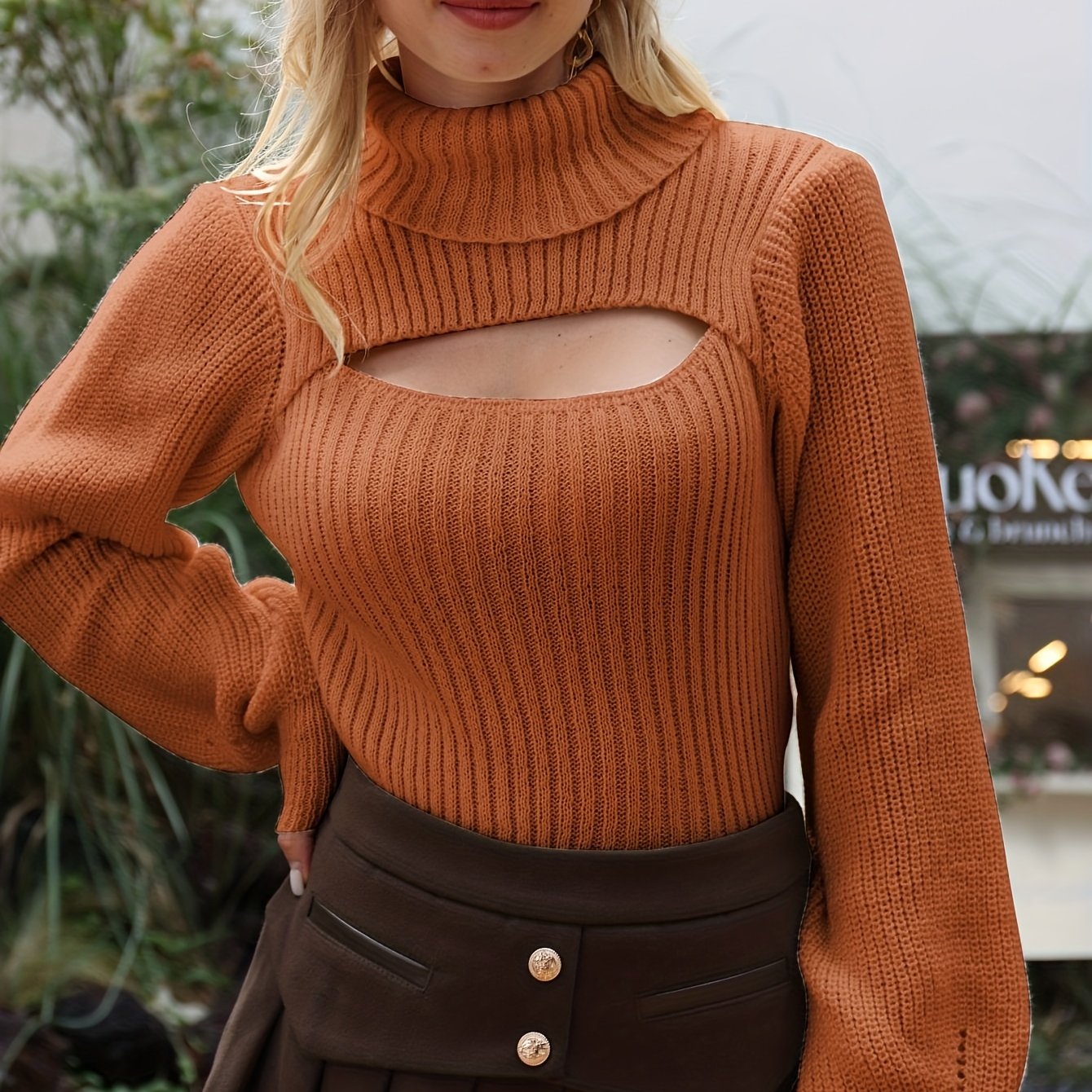 vlovelaw Sexy High Neck Sweater, Long Sleeve Sexy Cut Out Casual Sweater For Spring & Fall, Women's Clothing