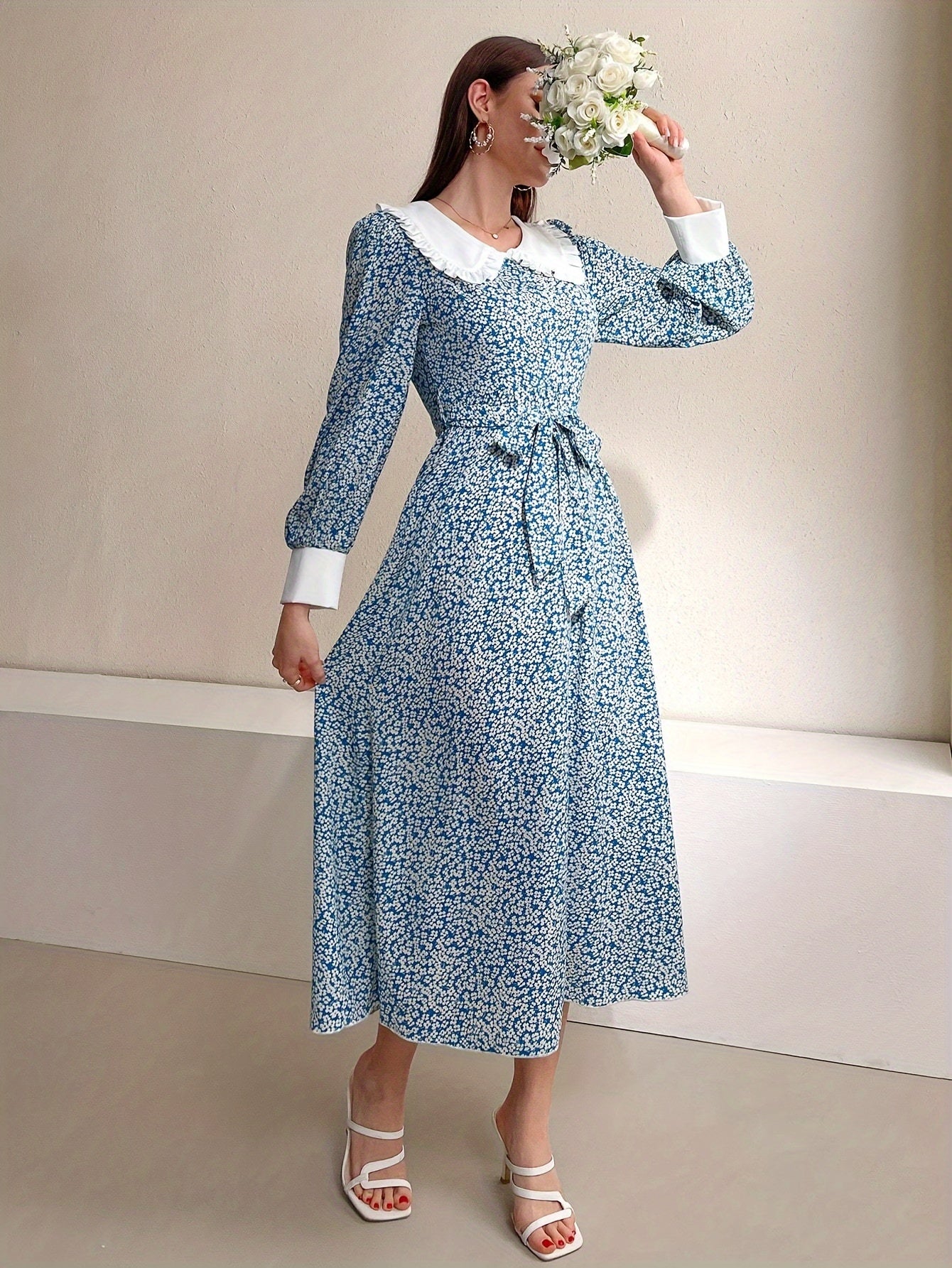 vlovelaw Floral Print Belted Dress, Elegant Long Sleeve Dress For Spring & Fall, Women's Clothing