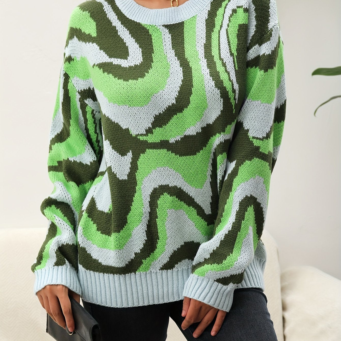 vlovelaw Tie Dye Crew Neck Knitted Pullover Sweater, Casual Long Sleeve Sweater For Fall & Winter, Women's Clothing