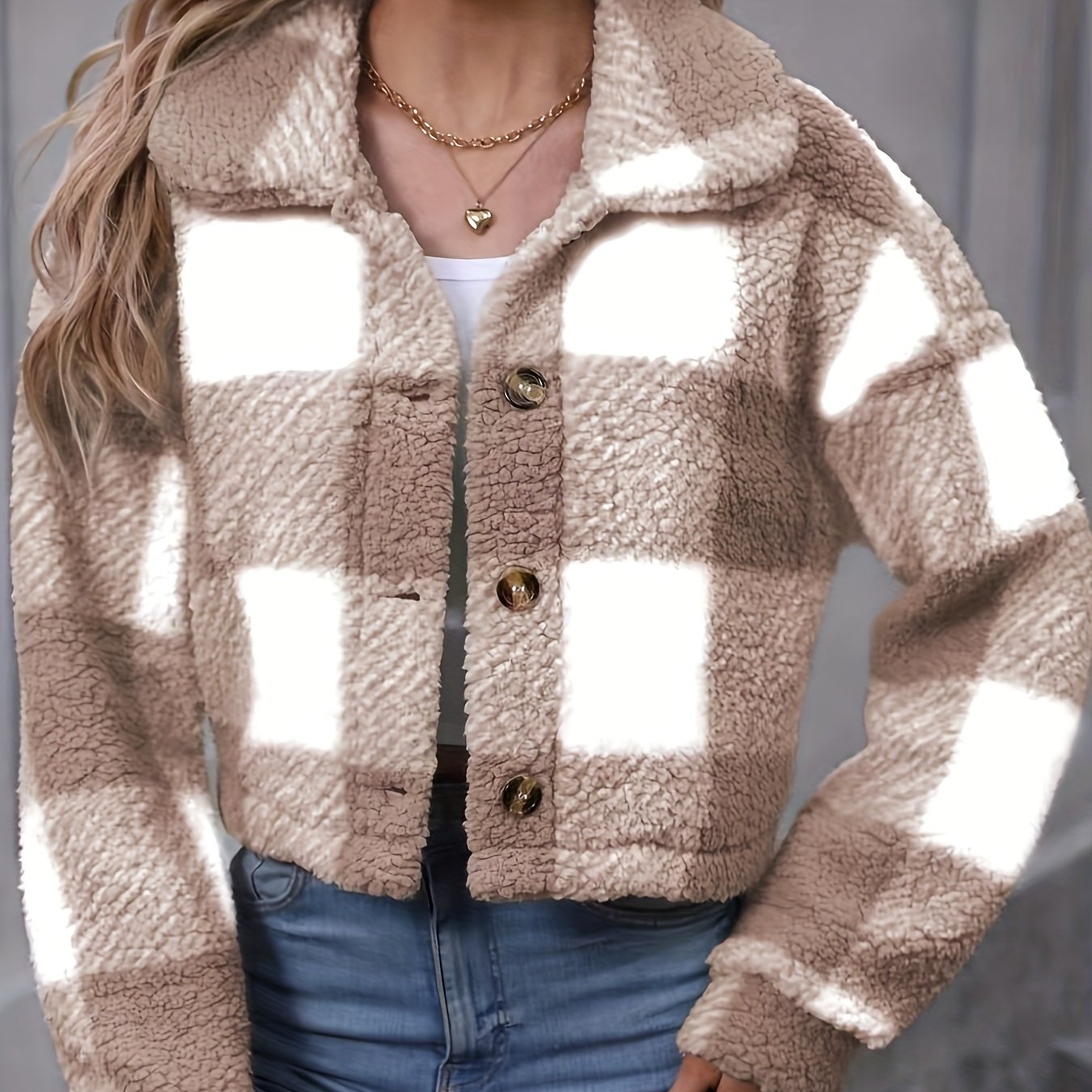 vlovelaw Plaid Teddy Coat, Casual Button Front Long Sleeve Winter Warm Outerwear, Women's Clothing