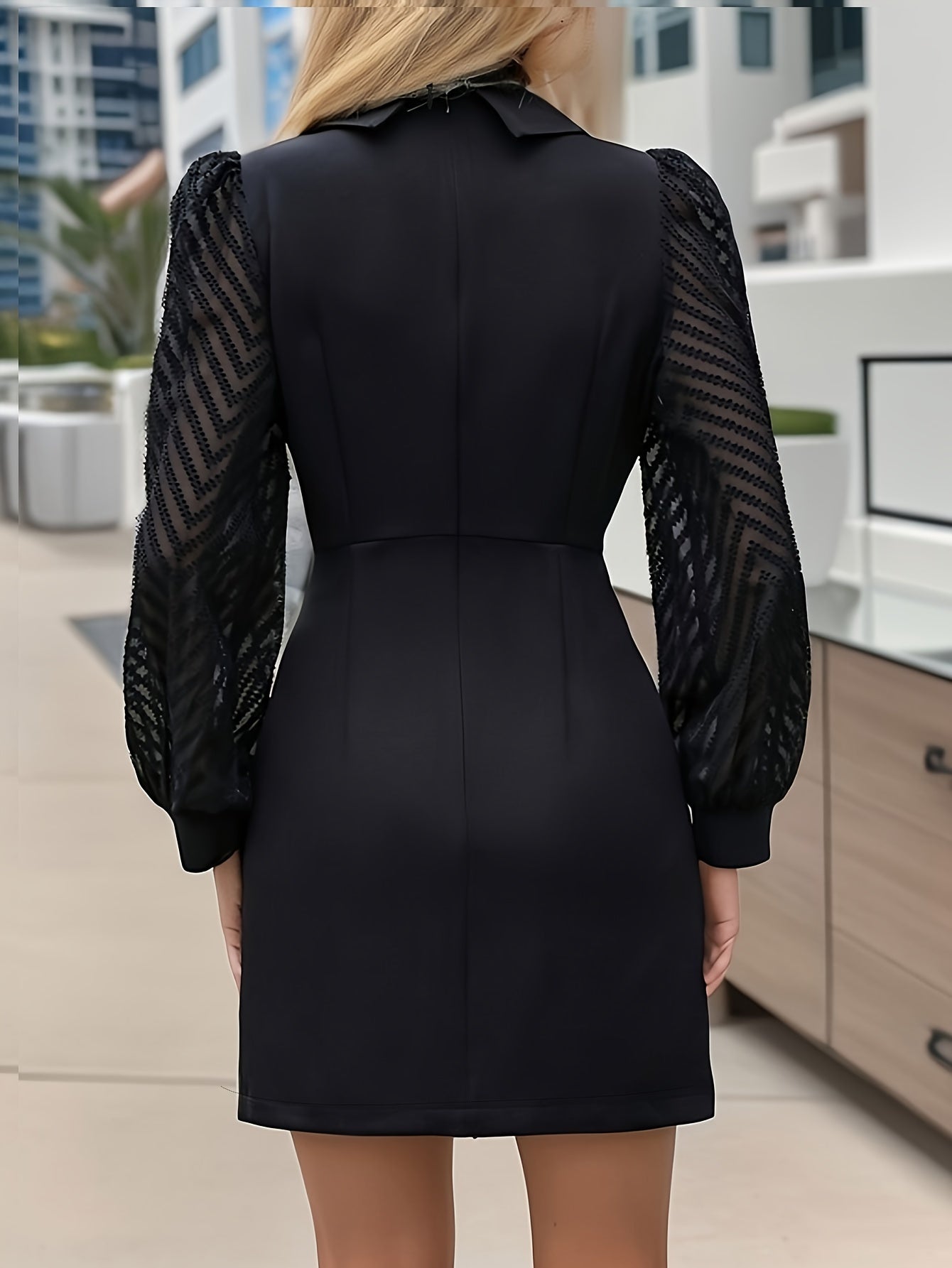 Contrast Mesh Lapel Collar Waist Elegant Dress, Button Detail Lantern Long Sleeve Dress, Women's Clothing