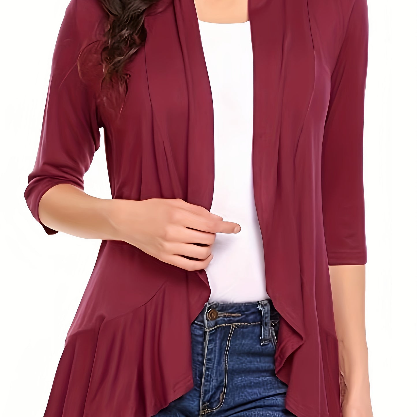 vlovelaw V-neck Loose Pleated Cardigans, Casual Frill Solid 3/4 Sleeve Spring Summer Fall Cardigan, Women's Clothing