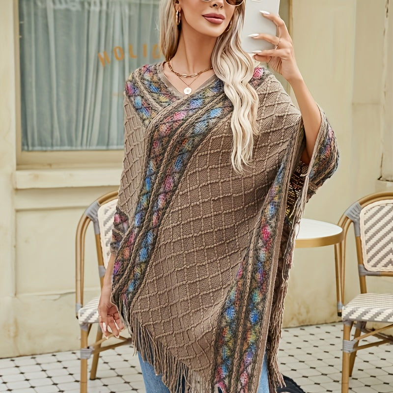 Pullover Woven Shawl Large Warm Fringed Shawl Wrap Windproof Shawl Cape For Casual Outdoor