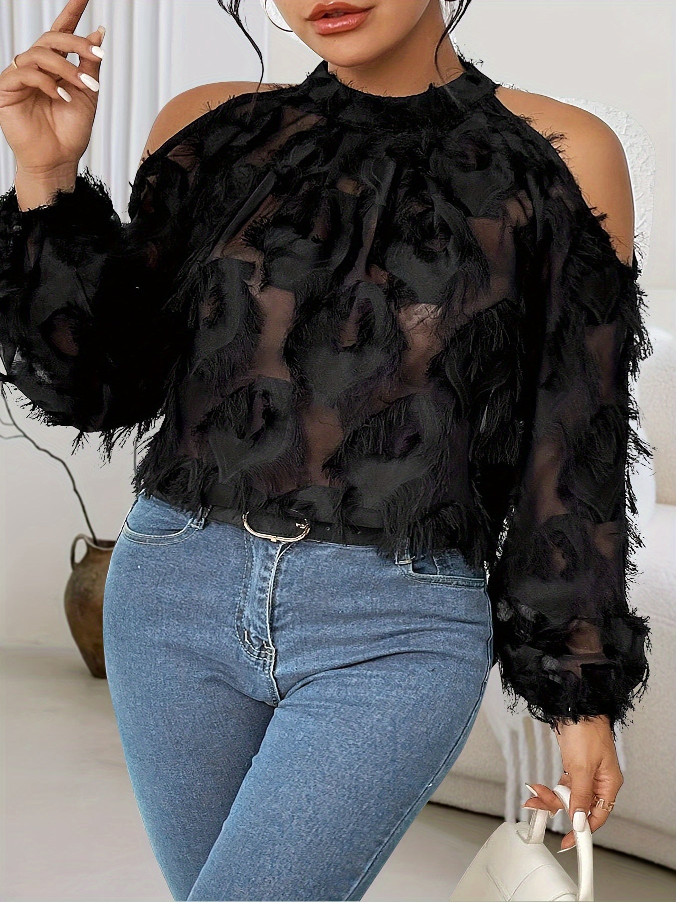 vlovelaw Plus Size Fringe Trim Top, Casual Cold Shoulder Long Sleeve Top, Women's Plus Size Clothing