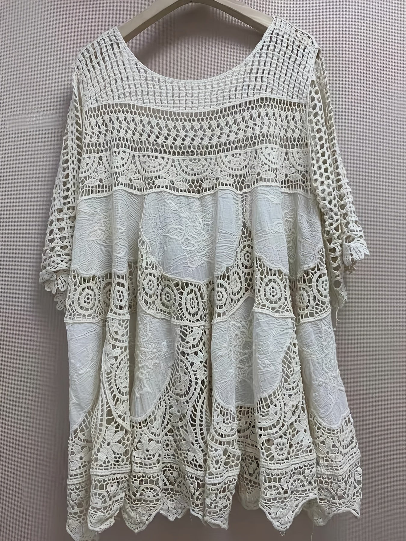 vlovelaw Crochet Cover Up Top, Casual Beach Wear Cut Out Half Sleeve Top, Women's Clothing
