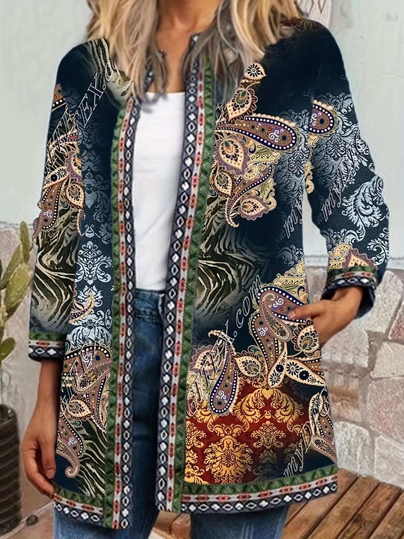 Ethnic Print Open Front Jacket, Vintage Long Sleeve Crew Neck Outerwear, Women's Clothing