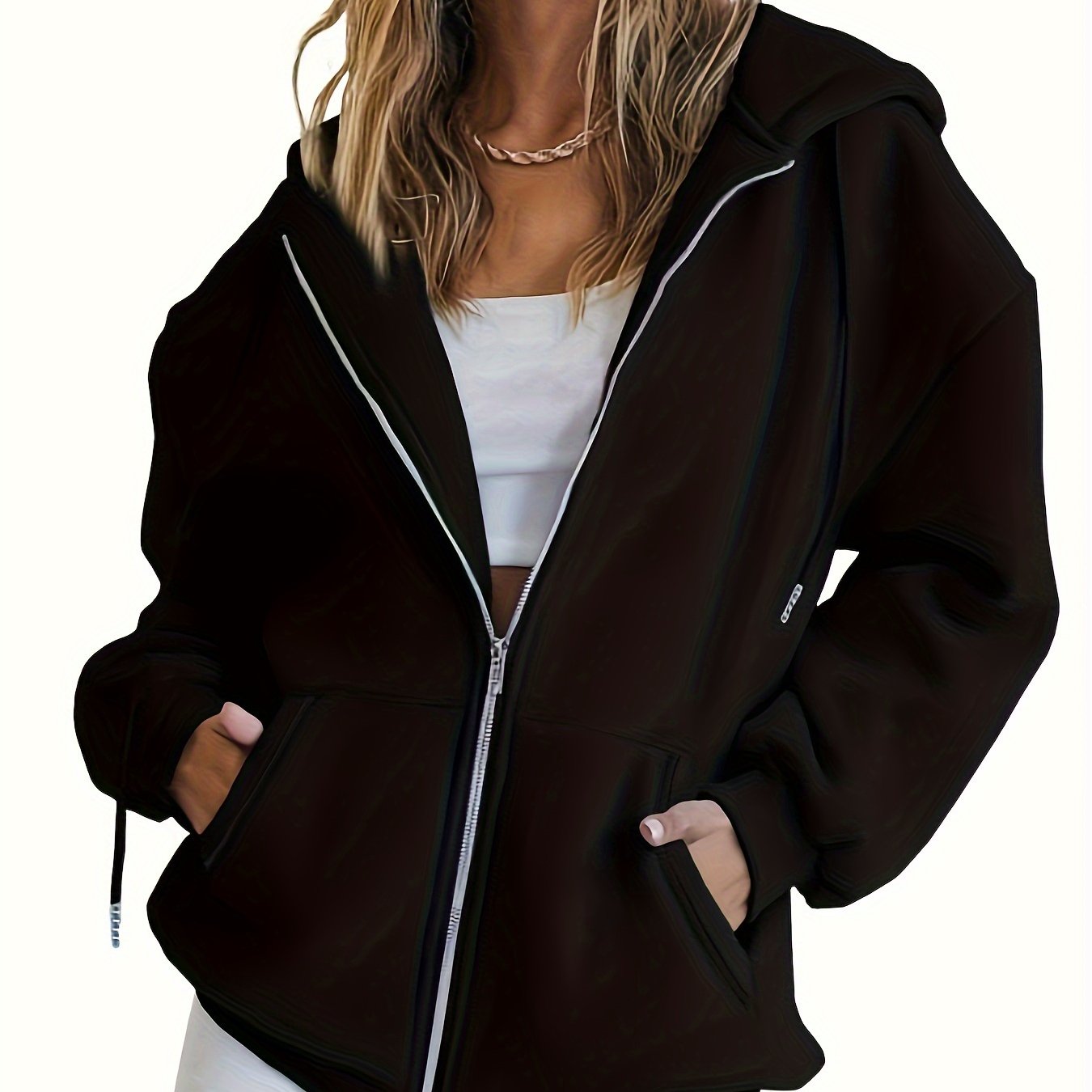 vlovelaw Solid Zip Up Pocket Hoodie, Casual Long Sleeve Drawstring Hoodies Sweatshirt, Women's Clothing