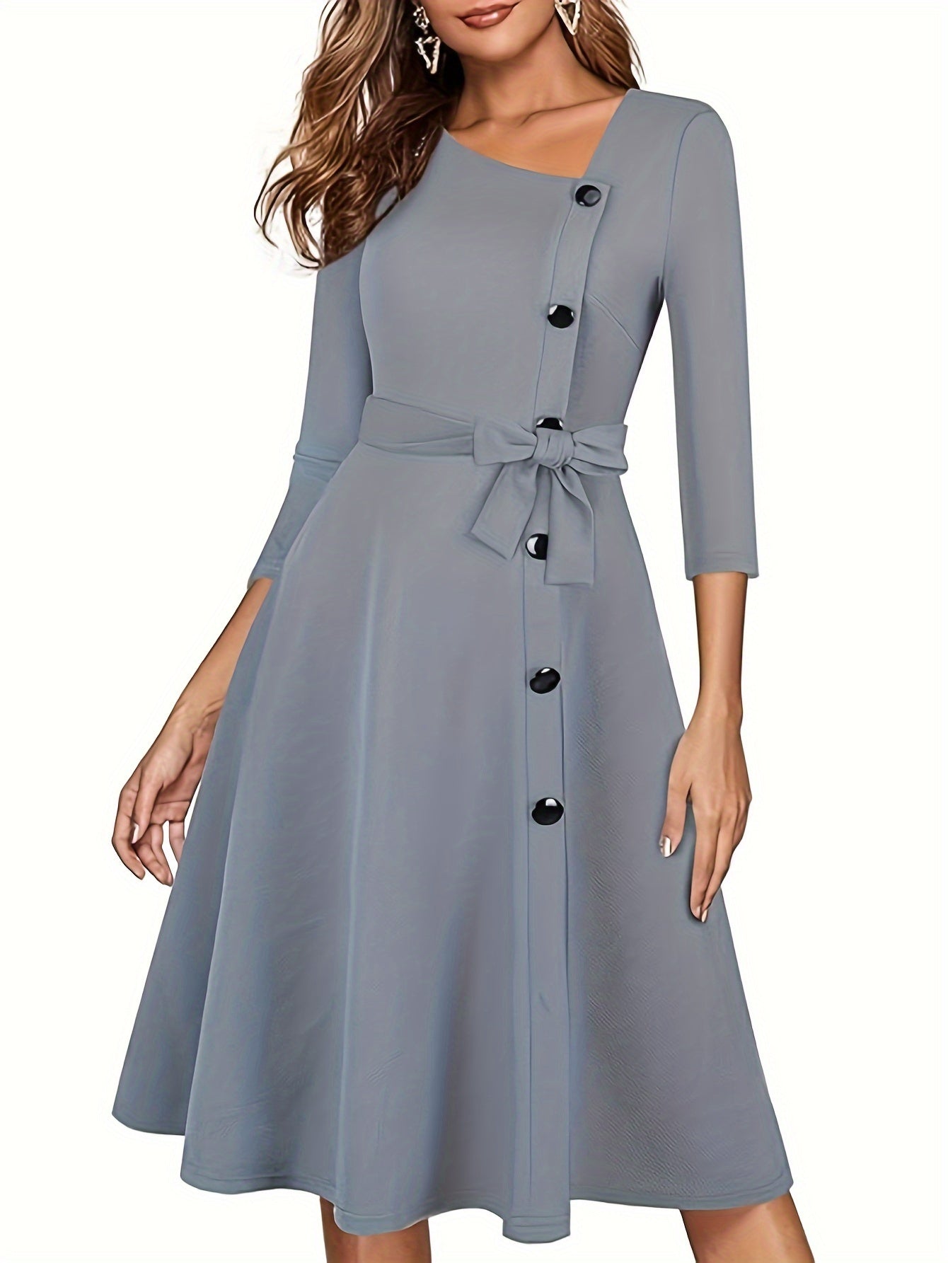 vlovelaw Asymmetrical Neck Solid Dress, Elegant 3/4 Sleeve Mini Dress, Women's Clothing