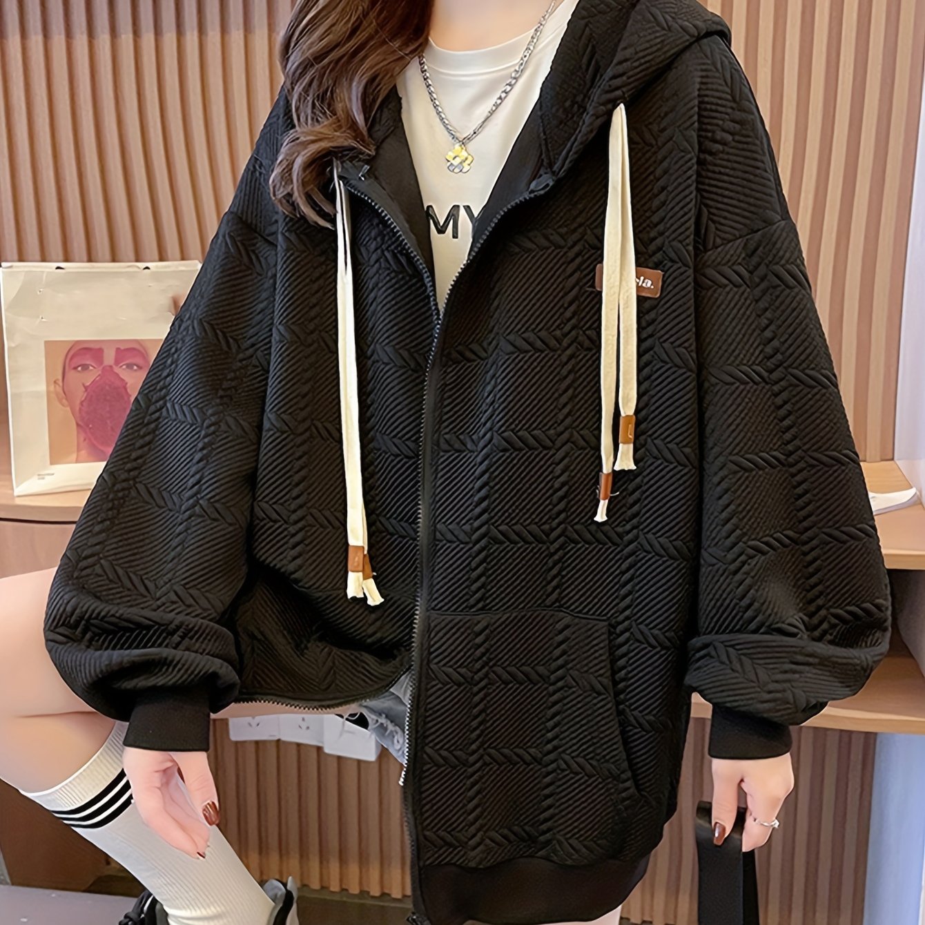 vlovelaw Slant Pockets Zip-up Cable Hoodie, Casual Lantern Sleeve Drawstring Hoodie Coat, Women's Clothing