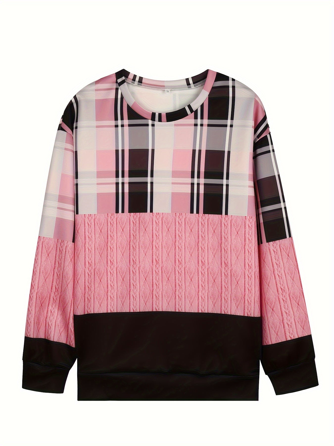 vlovelaw Color Block Plaid Print Sweatshirt, Casual Crew Neck Long Sleeve Sweatshirt, Women's Clothing