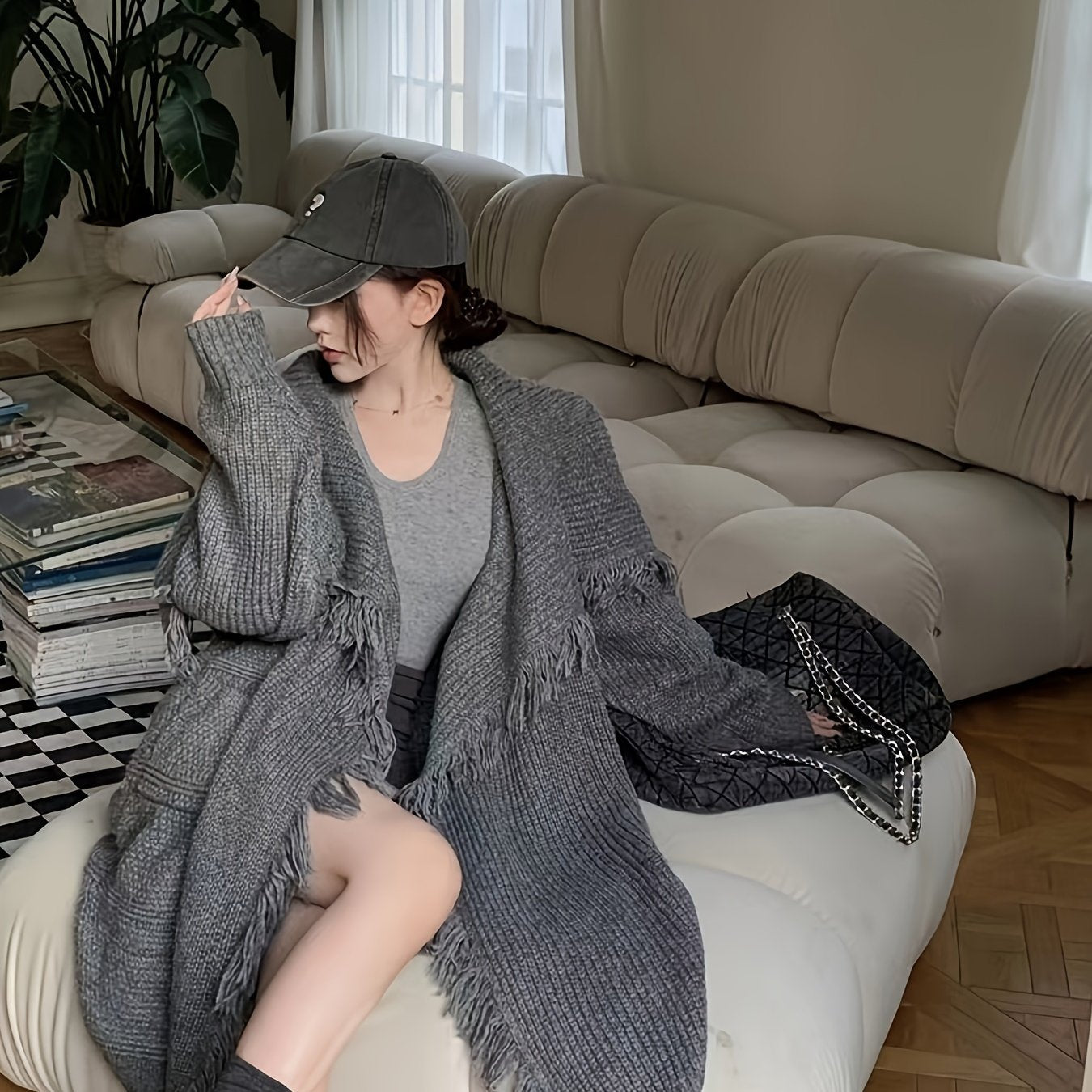 vlovelaw vlovelaw Fringe Trim Open Front Solid Cardigan, Long Sleeve Cardigan For Fall & Winter, Women's Clothing