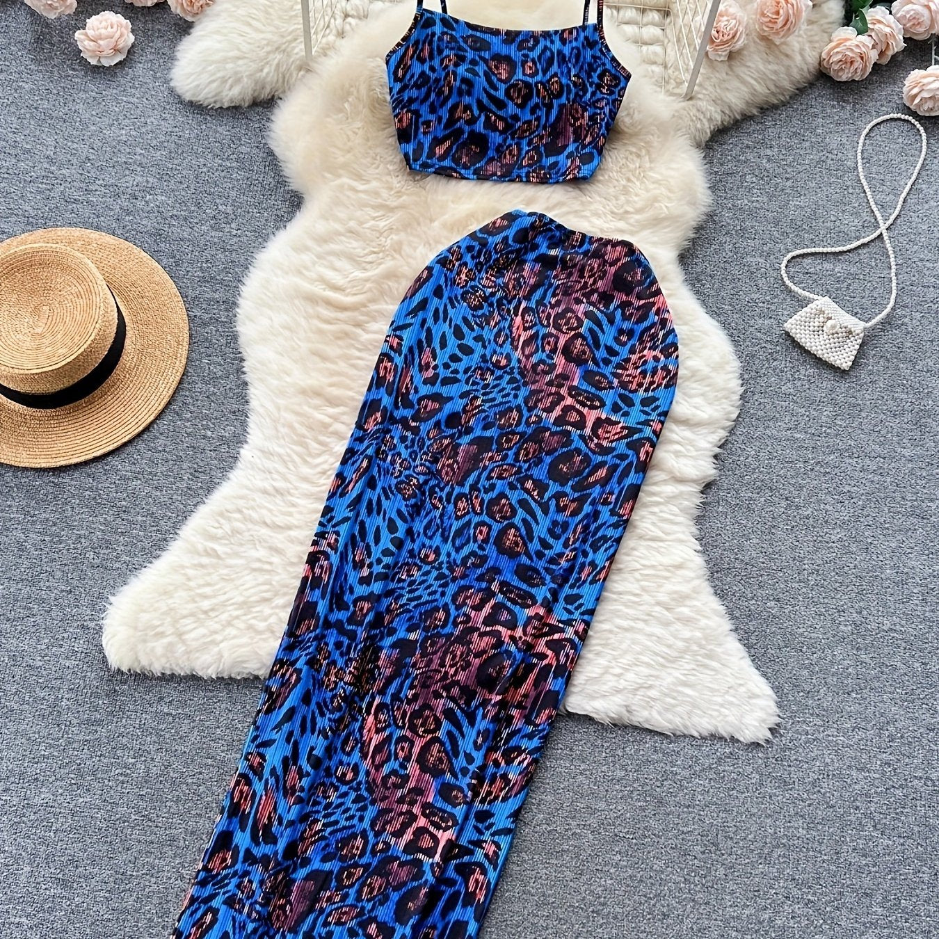 vlovelaw Y2K Leopard Print Two-piece Set, Crop Sleeveless Cami Top & Slim Long Skirt Outfits, Women's Clothing