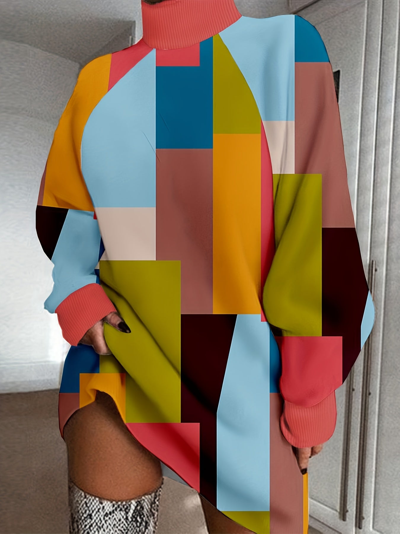 Patchwork Color Block Dress, Casual High Neck Long Sleeve Mini Dress, Women's Clothing