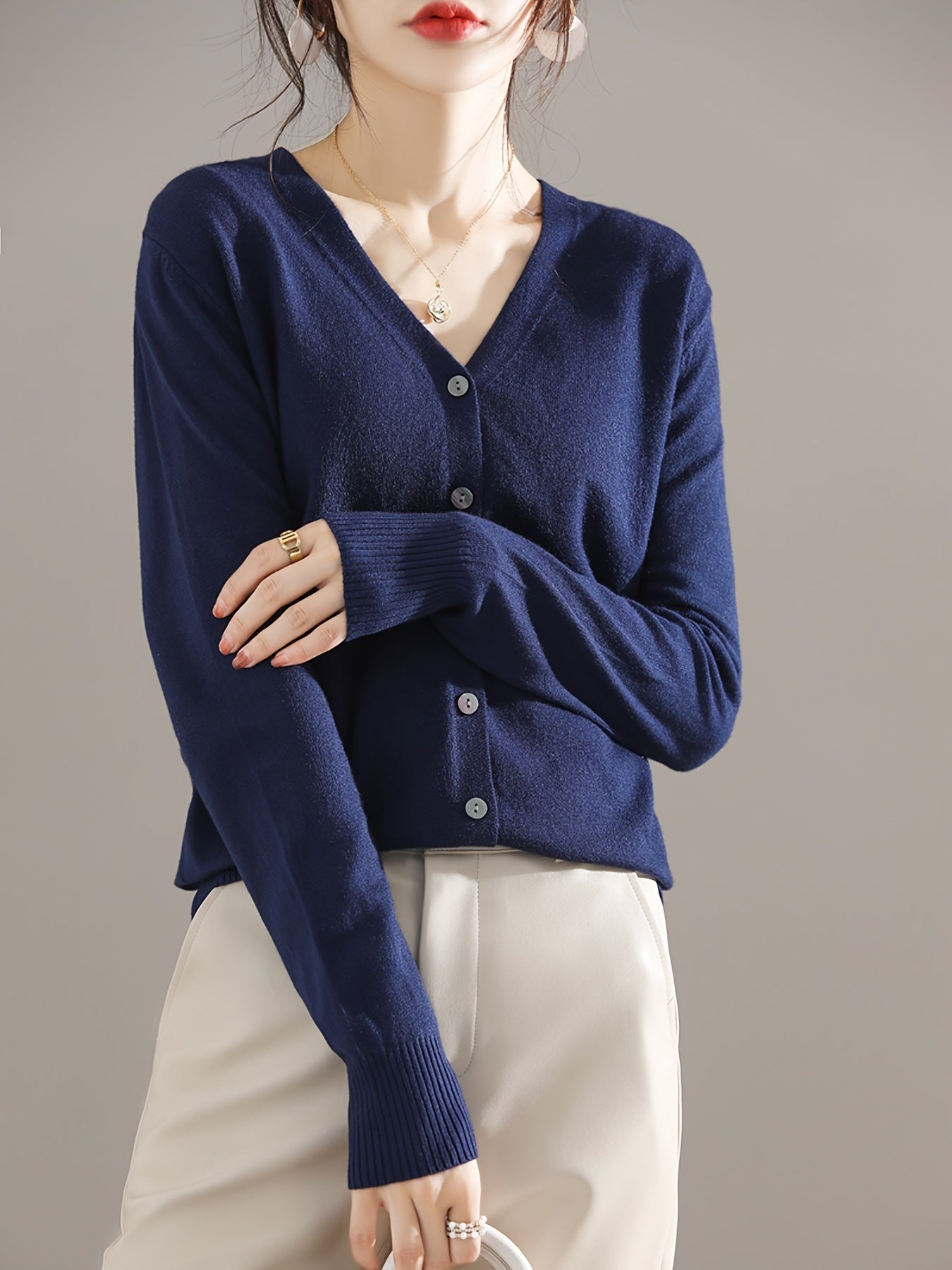 Elegant V-neck Solid Cardigan, Long Sleeve Cardigan For Spring & Fall, Women's Clothing