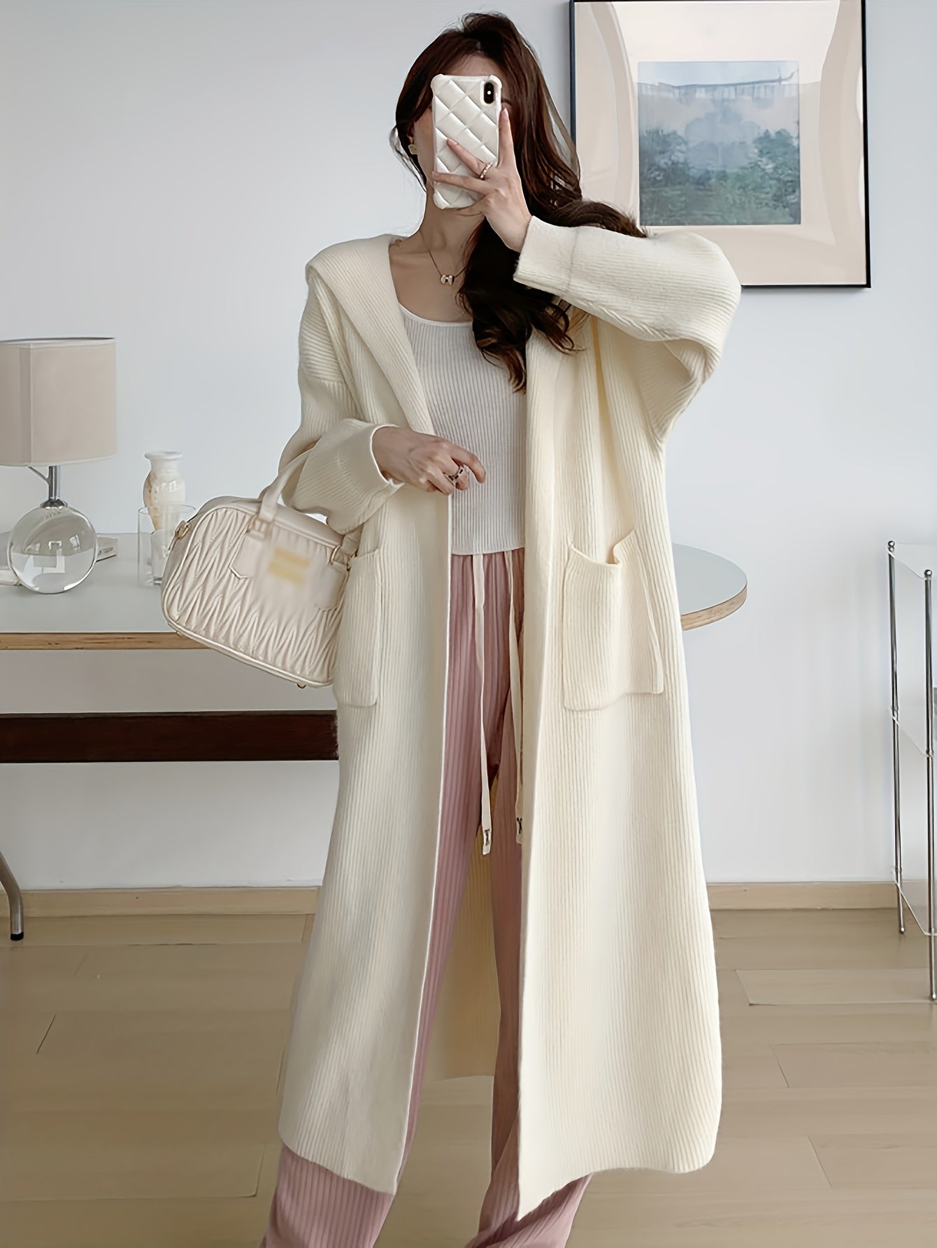 vlovelaw Solid Open Front Hooded Knit Cardigan, Casual Long Sleeve Mid Length Pocket Sweater Coat, Women's Clothing