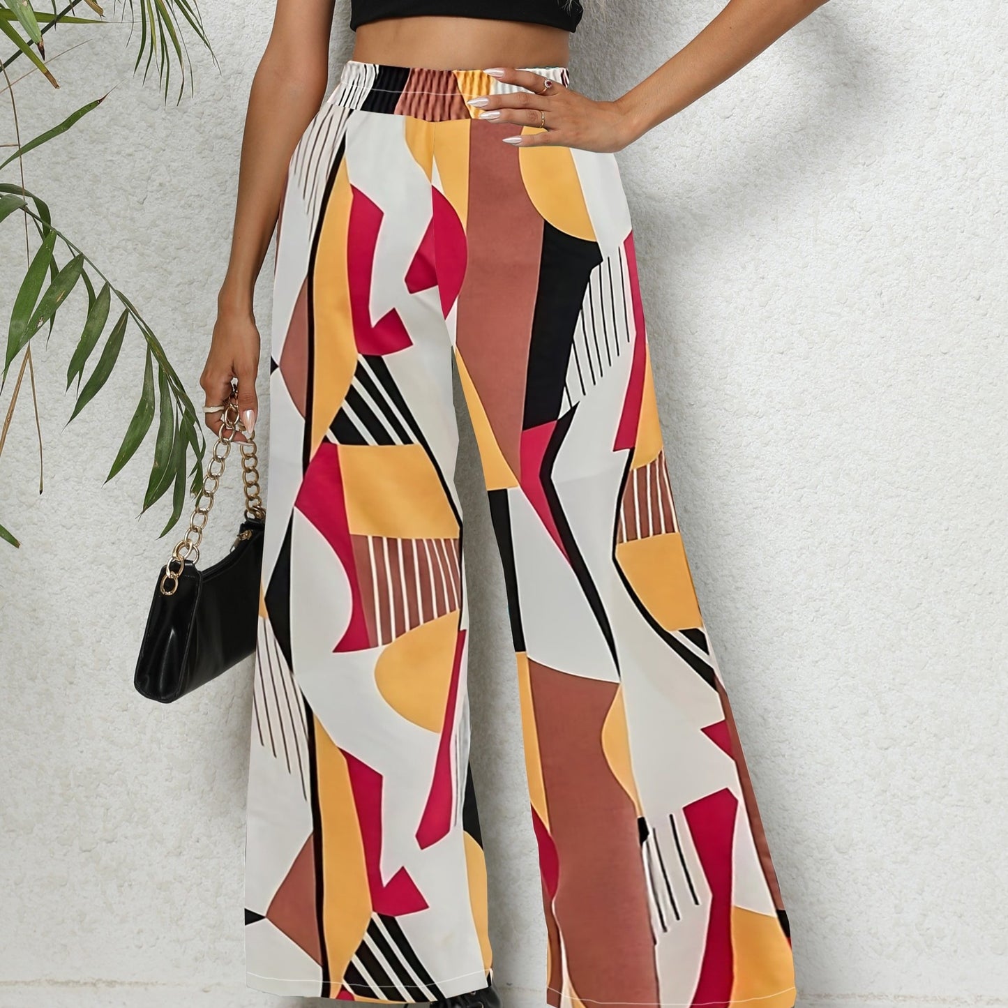 vlovelaw Geo Print Wide Leg Pants, Casual High Waist Loose Pants For Spring & Summer, Women's Clothing