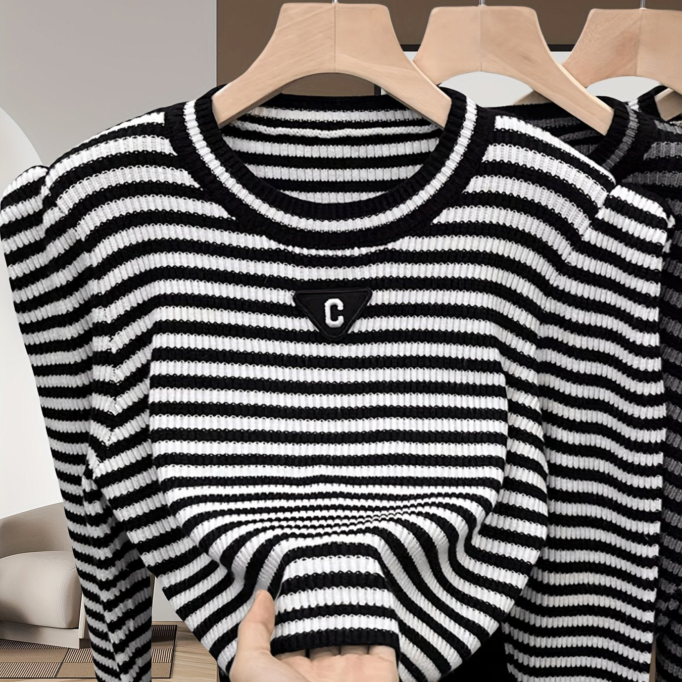 vlovelaw Striped Crew Neck Knitted Top, Elegant Puff Sleeve Crop Stylish Sweater, Women's Clothing