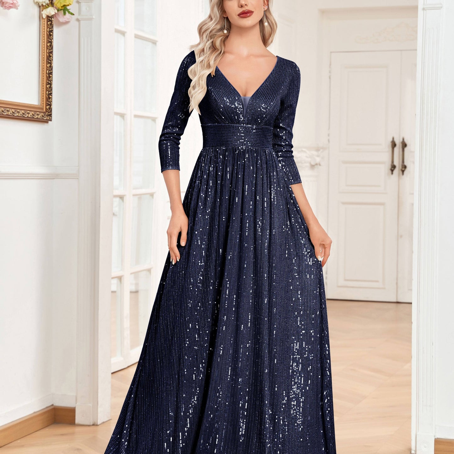 vlovelaw High Waist Sequined Maxi Dress, V Neck Gown Dress For Bridesmaid, Cocktail Party, Women's Clothing