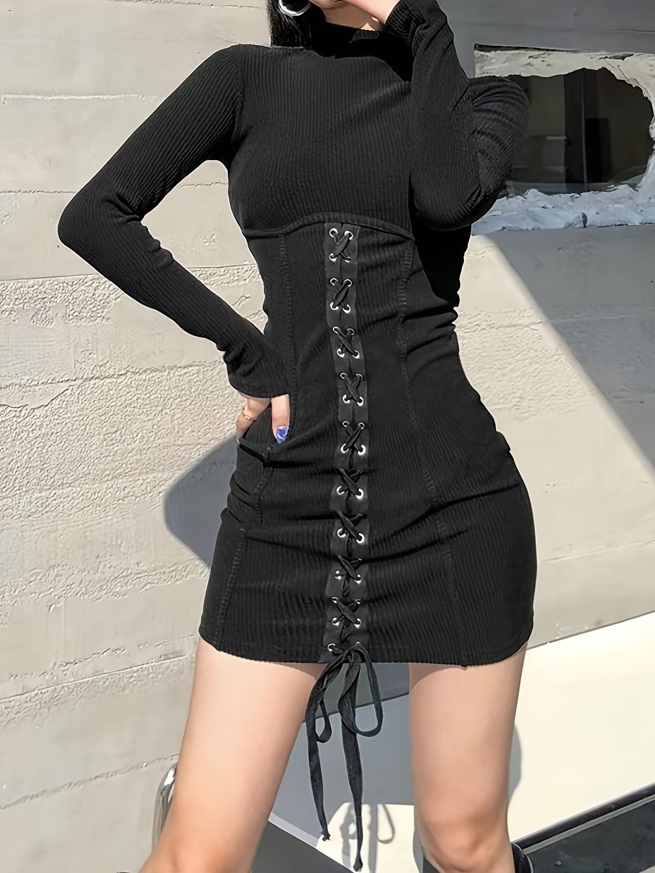 vlovelaw Bodycon Lace Up Long Sleeve Dress, Y2K Mock Neck Slim Dress, Women's Clothing